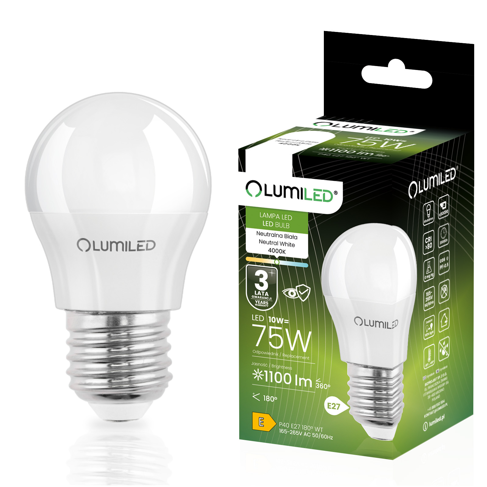 Żarówka LED E27 Kulka P45 10W = 75W 1100lm 4000K Neutralna 180° LUMILED - główne zdjęcie produktu