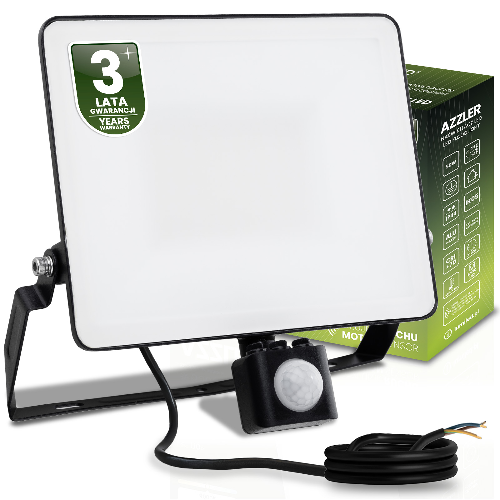 Naświetlacz LED AZZLER 50W 6000lm 4000K IP44 Halogen Zewnętrzny Lampa z Czujnikiem Ruchu Czarny LUMILED - główne zdjęcie produktu