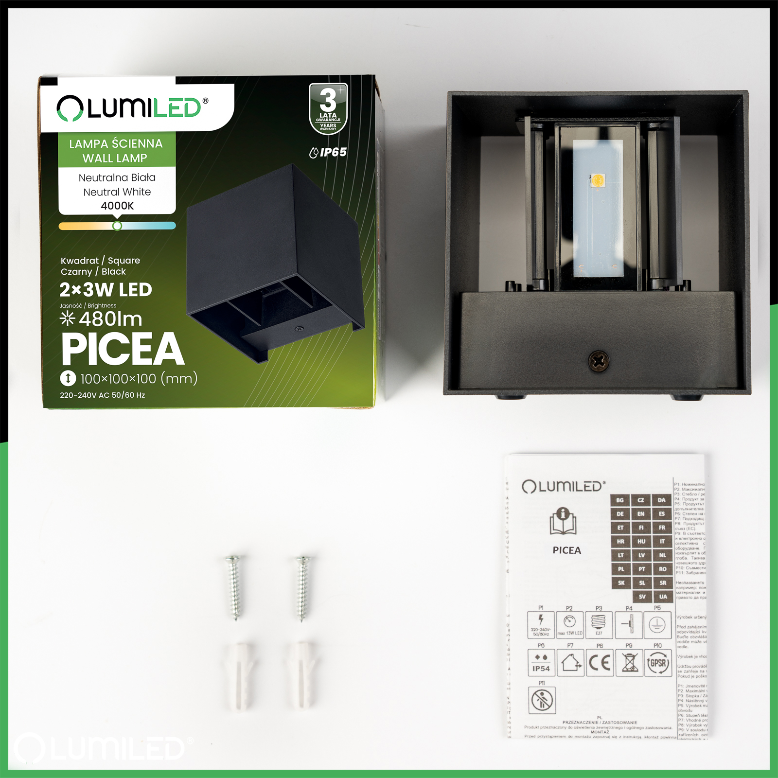 Kinkiet Ogrodowy Elewacyjny LED 2x3W 4000K Regulowany Góra Dół Czarny PICEA LUMILED - skład produktu