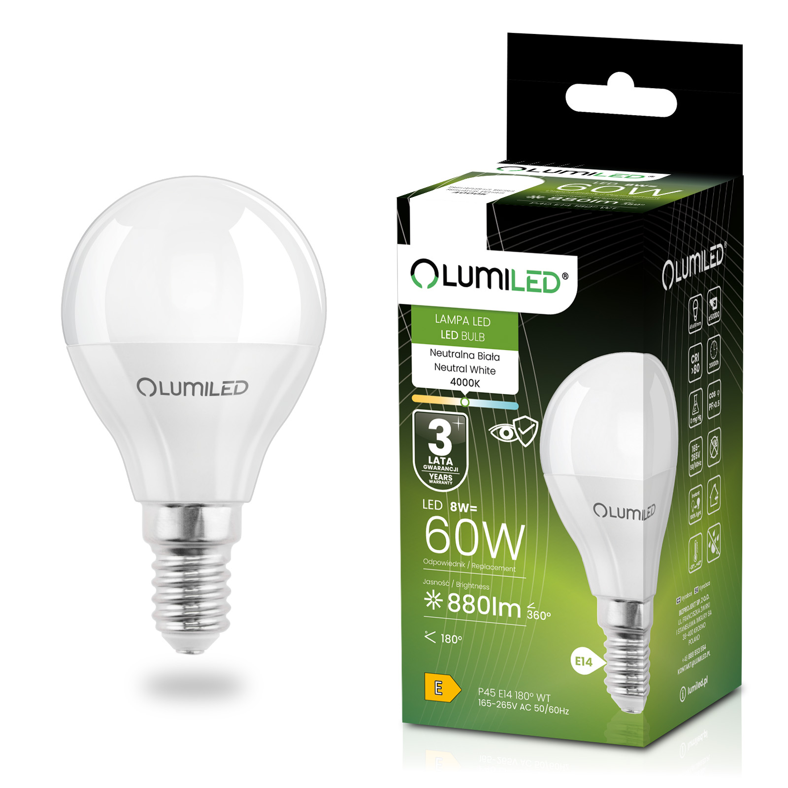 Żarówka LED E14 Kulka P45 8W = 60W 880lm 4000K Neutralna 180° LUMILED - główne zdjęcie produktu