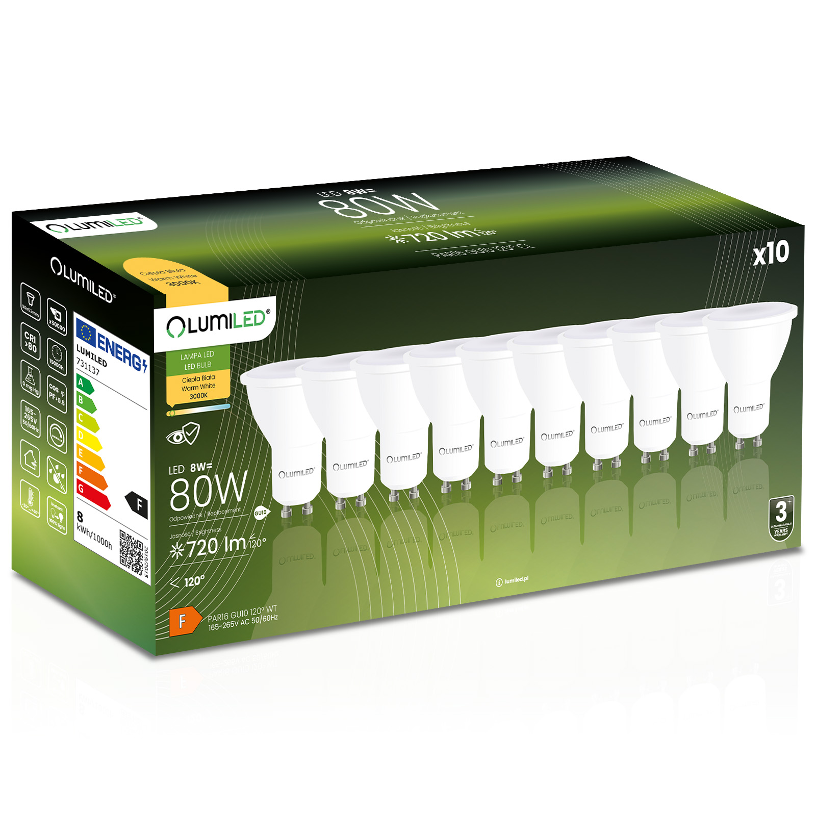 10x Żarówka LED GU10 Reflektor PAR16 8W = 80W 720lm 3000K Ciepła 120° LUMILED - główne zdjęcie produktu