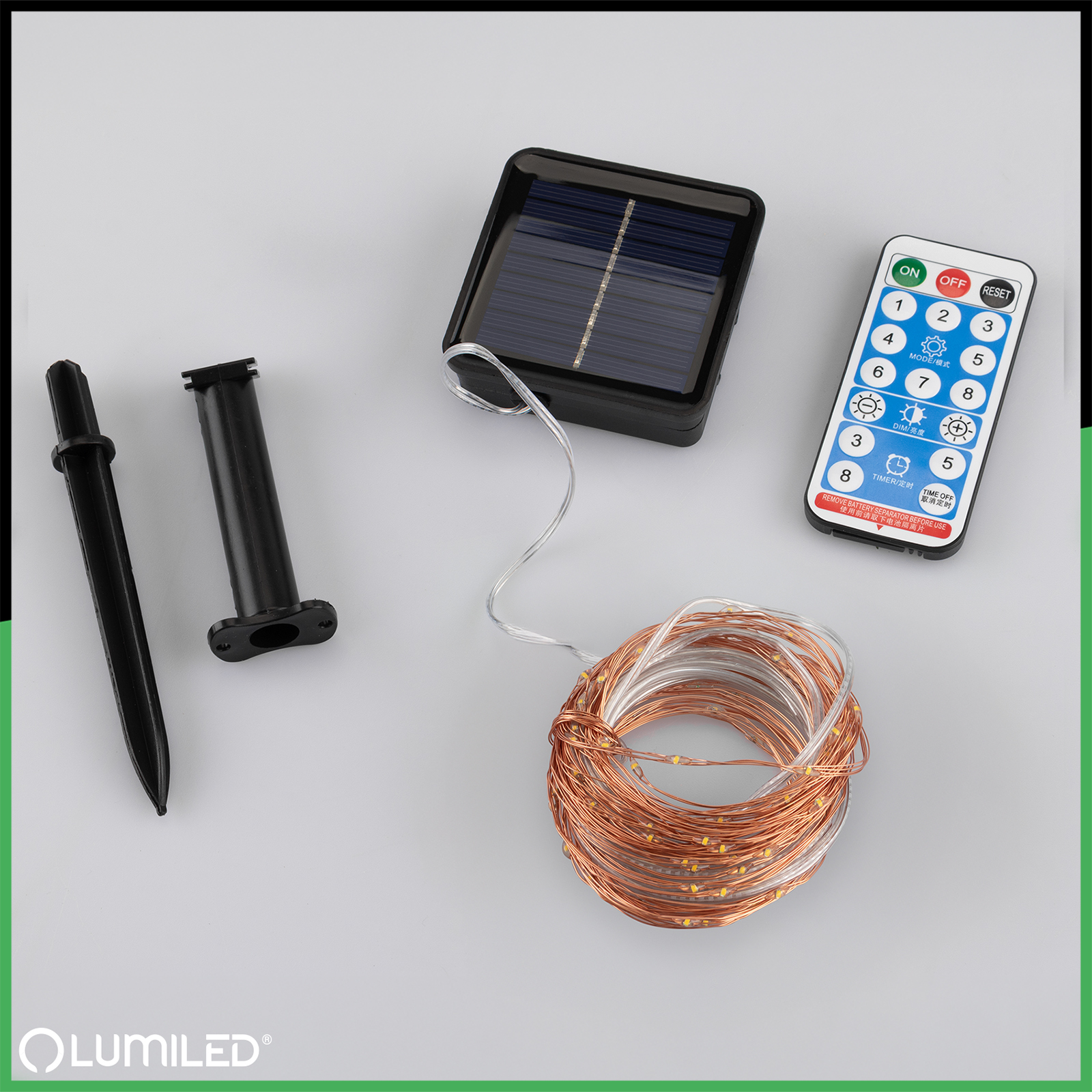 Girlanda Solarna Ogrodowa 100x LED  Ozdobne Druciki 12m 2700K Ciepła + PILOT FILO LUMILED - skład produktu