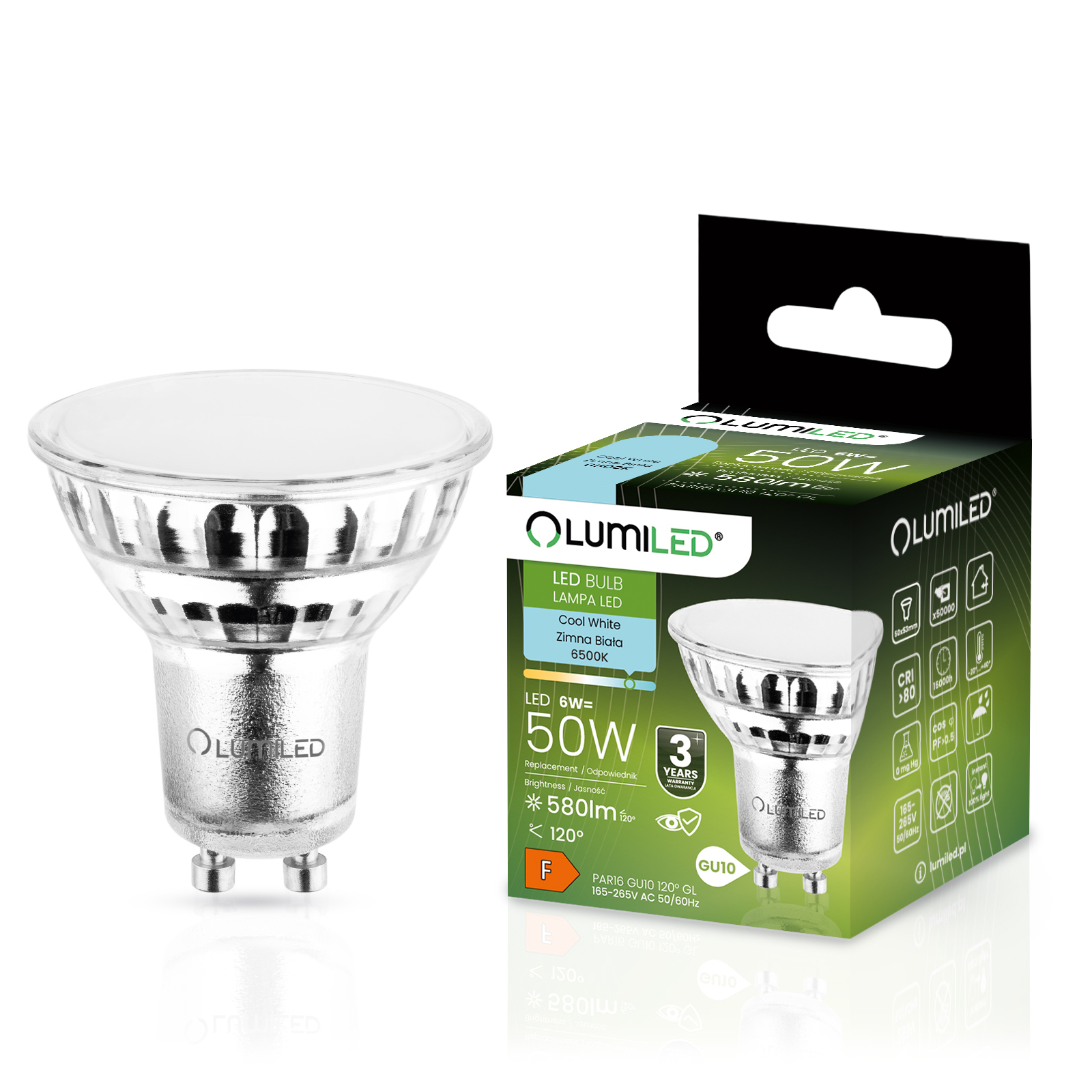Żarówka LED GU10 Reflektor PAR16 6W = 50W 580lm 6500K Zimna 120° LUMILED - główne zdjęcie produktu