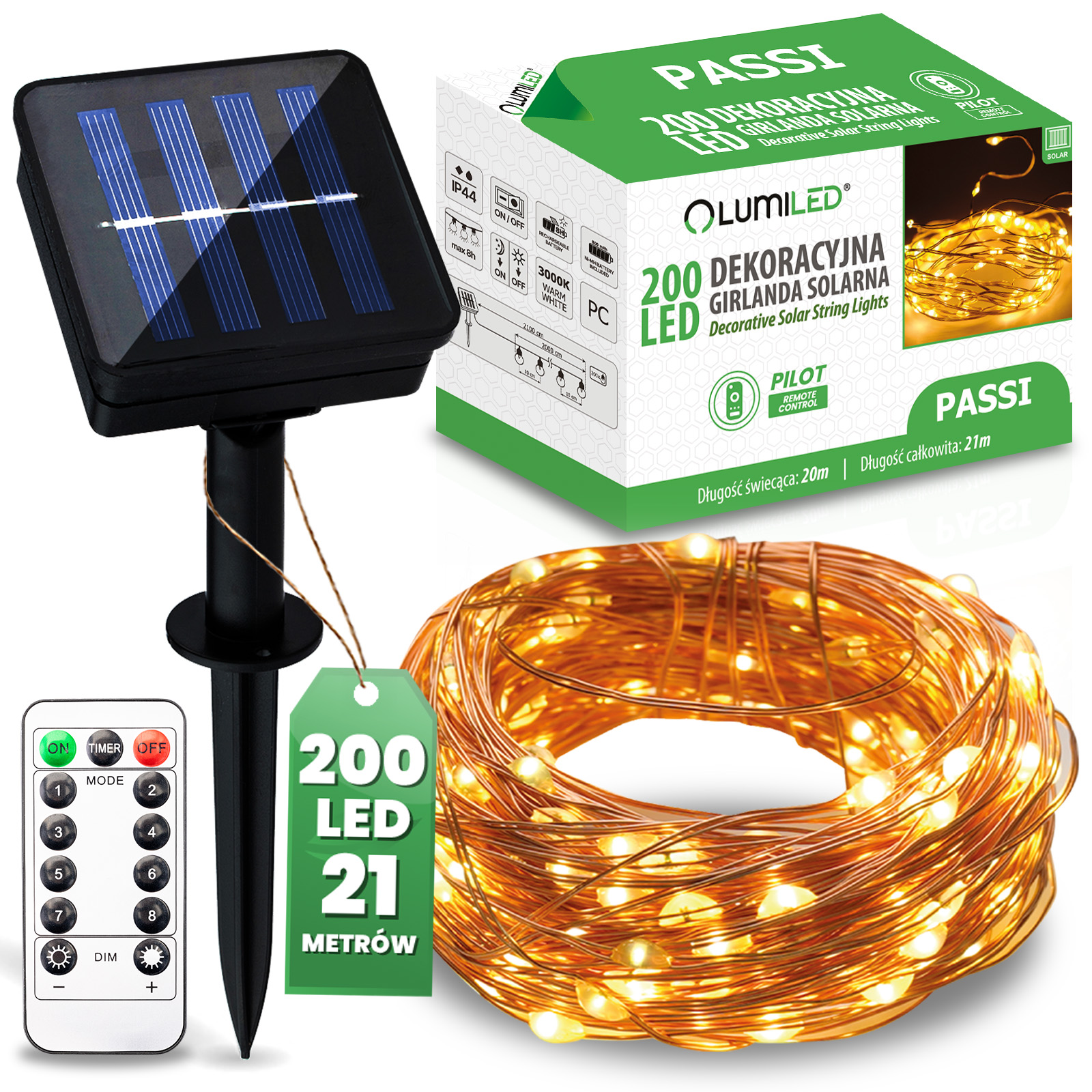Girlanda Solarna Ogrodowa 200x LED Ozdobna 21m Ciepła 3000K + Pilot PASSI LUMILED - główne zdjęcie produktu