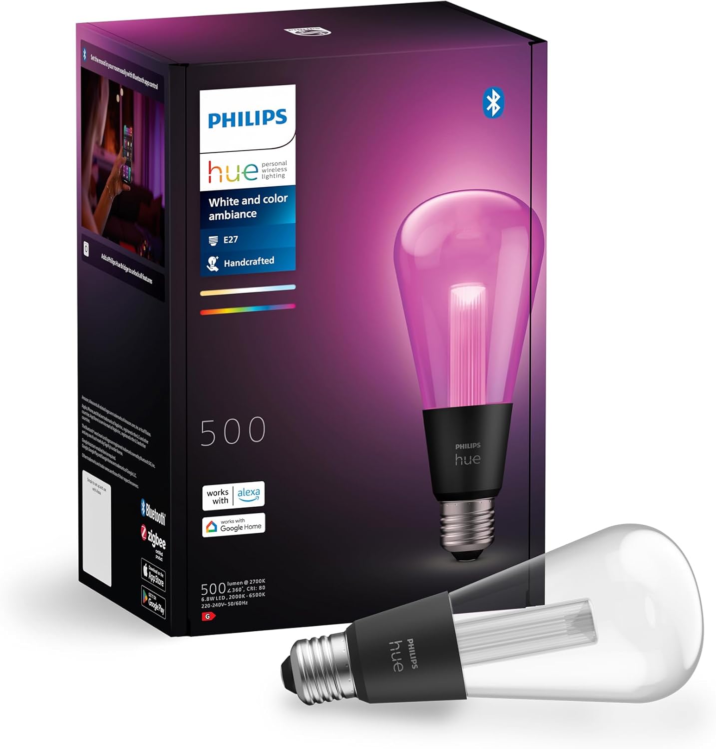 Żarówka LED E27 Edison ST72 6.8W = 60W 500lm 2000-6500K CCT + RGB FILAMENT SMART Inteligentna Bluetooth ZigBee White and Color Ambiance Philips HUE - główne zdjęcie produktu