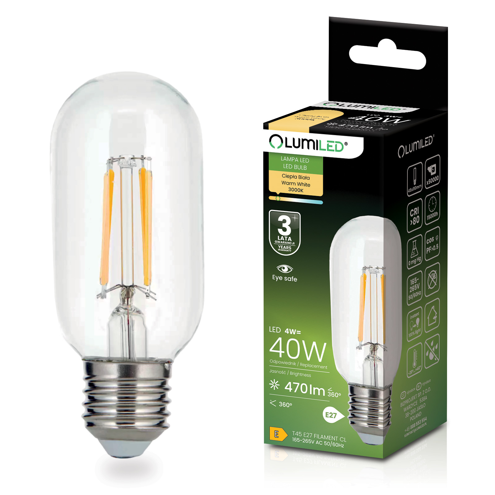 Żarówka LED E27 T45 FILAMENT 4W = 40W 470LM 3000K Ciepła 360° Ozdobna LUMILED - główne zdjęcie produktu