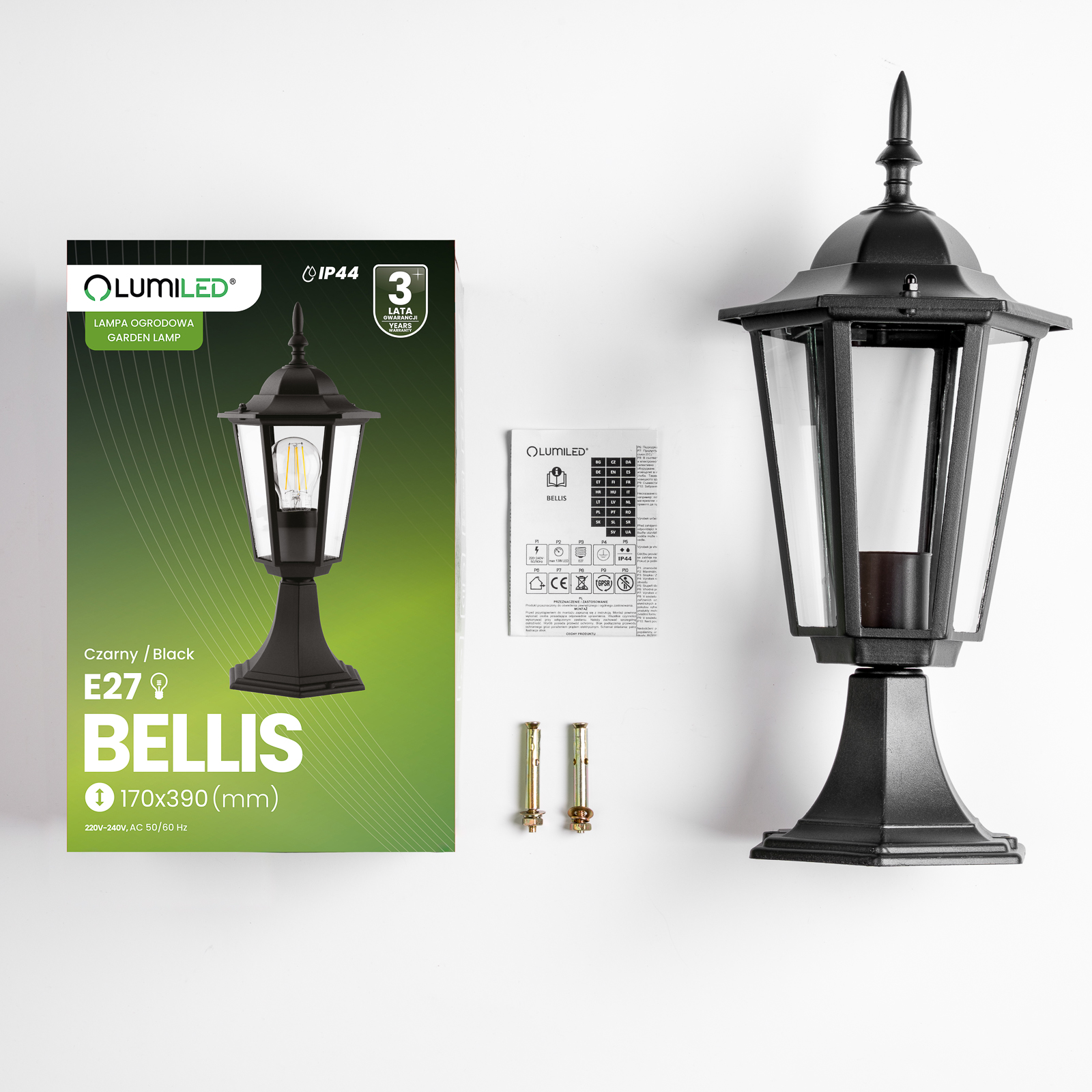 Lampa Ogrodowa Zewnętrzna E27 SŁUPEK LATARNIA 39cm Czarna BELLIS LUMILED - skład produktu