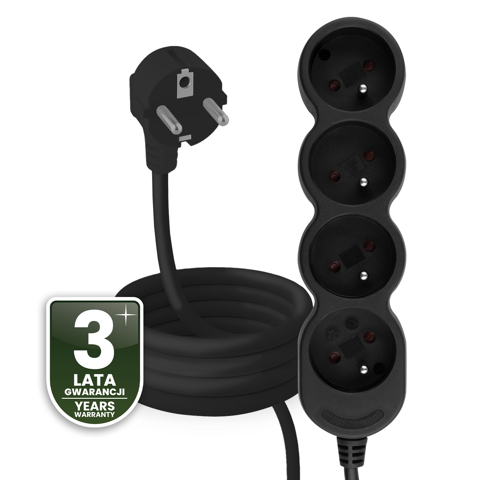 Przedłużacz Sieciowy Kabel z Uziemieniem Listwa Zasilająca 4 Gniazda 3m Czarny Sznur Lendo Lumiled - czwarta cecha produktu