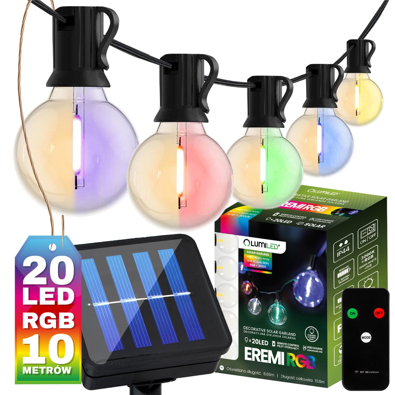 Girlanda Solarna Ogrodowa 20x LED Ozdobne Żarówki G50 10.6m 3000K RGB + Pilot EREMI LUMILED - główne zdjęcie produktu