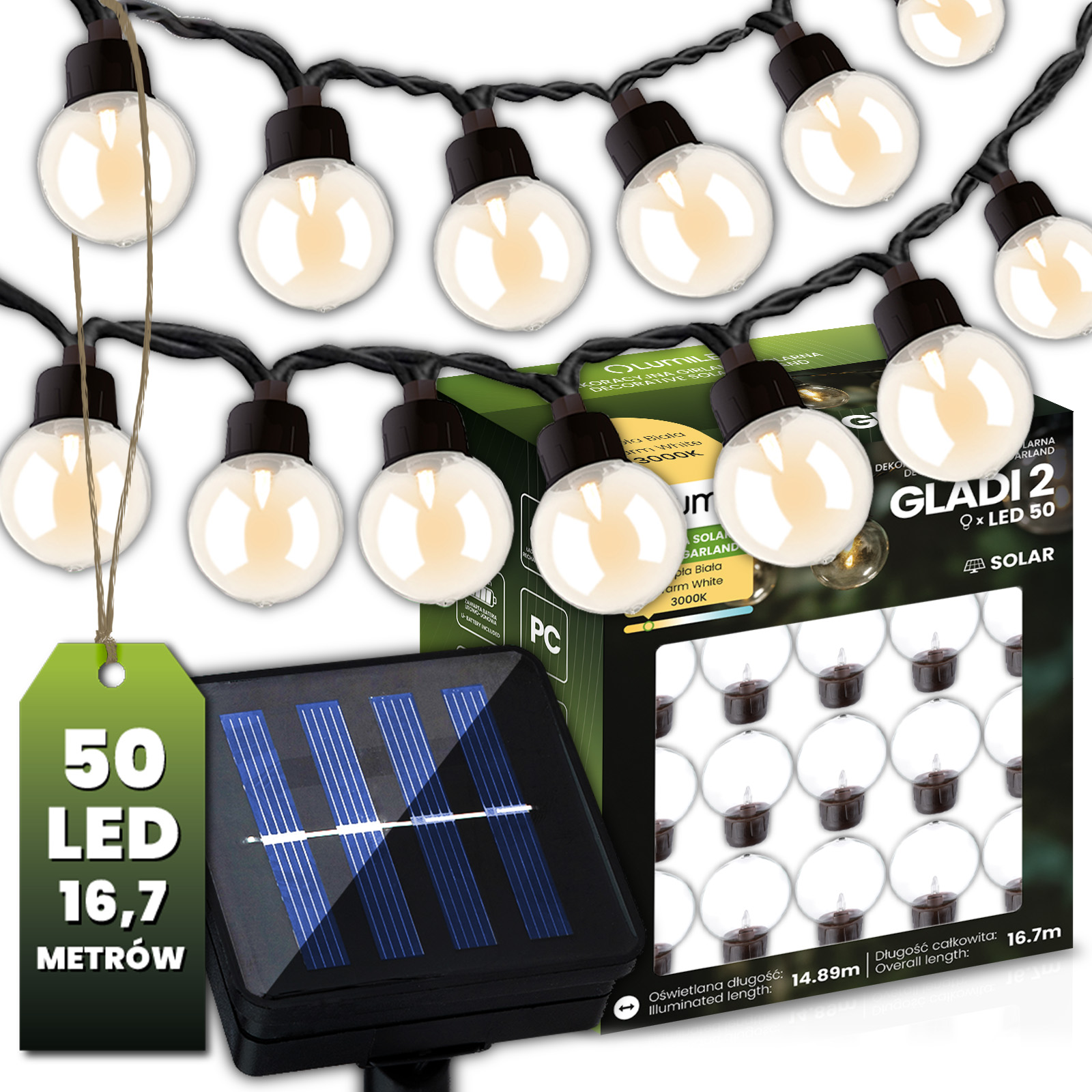 Girlanda Solarna Ogrodowa 50x LED Ozdobne Kuleczki 16.7m Ciepła 3000K GLADI 2 LUMILED - główne zdjęcie produktu