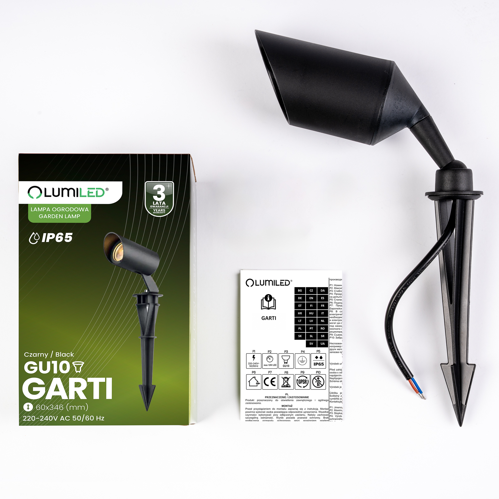 Lampa Ogrodowa Zewnętrzna LED GU10 Reflektor Wbijana IP65 GARTI Przewód LUMILED - skład produktu