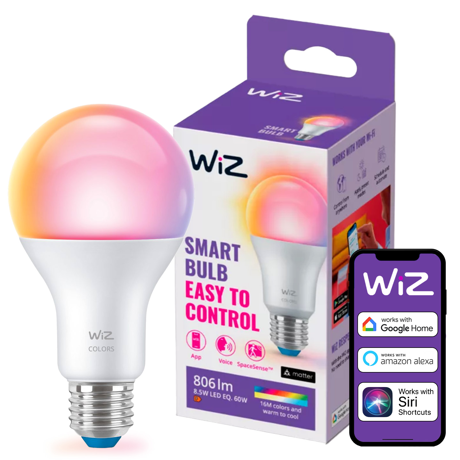 Żarówka LED E27 A60 8.5W = 60W 806lm 2200-6500K RGB + TW Inteligentna SMART WiFi Bluetooth Aplikacja WiZ - główne zdjęcie produktu