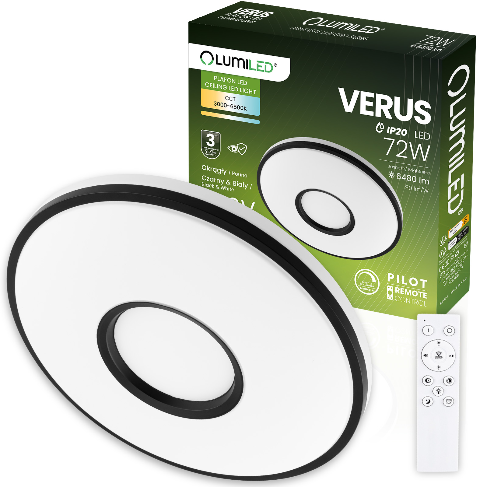 Plafon LED Lampa Sufitowa Natynkowa VERUS 72W CCT Biały Okrągły 50cm + PILOT LUMILED - główne zdjęcie produktu
