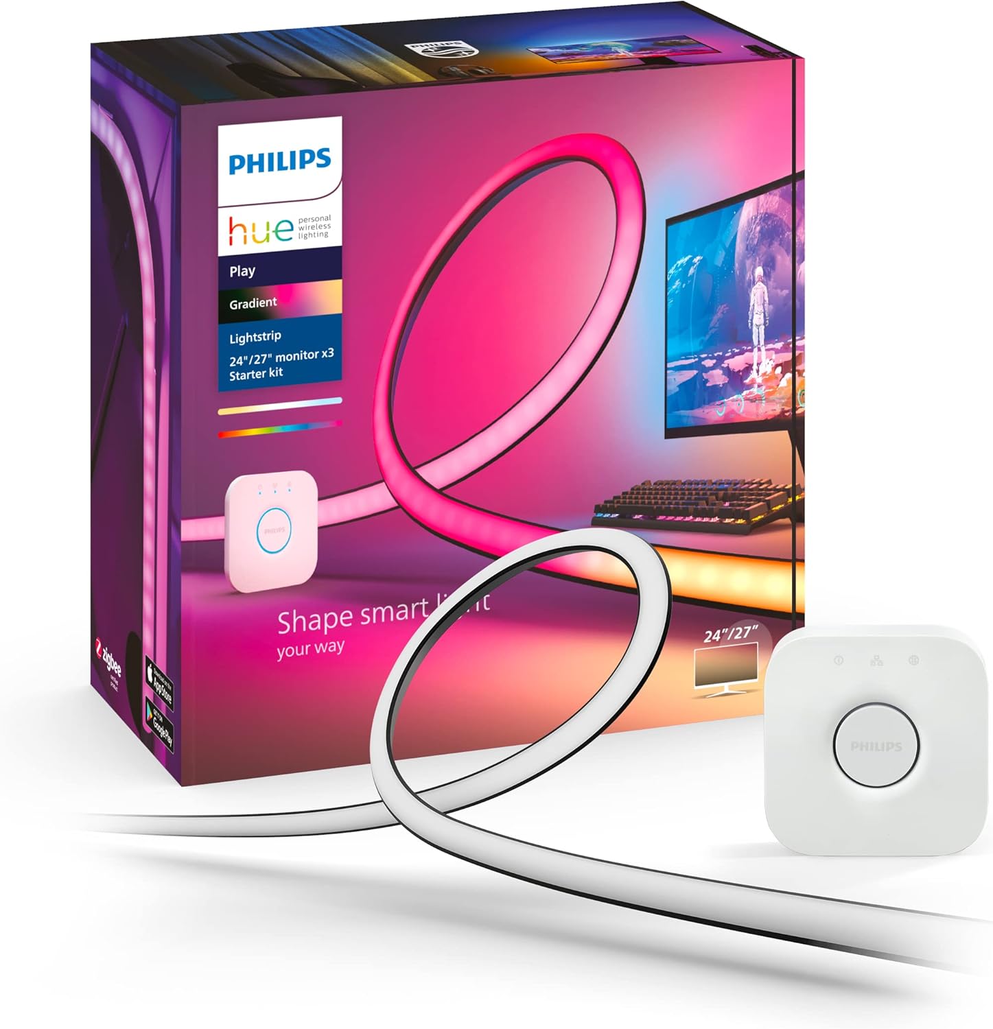 Taśma LED Pasek Podświetlenie do Monitora 3x 24" 27" 60W 1200lm IP20 White and Color Ambiance RGB + TW Biała Inteligentna SMART Zigbee Bluetooth Gradient PC Strip + Mostek Bridge Philips HUE - główne zdjęcie produktu