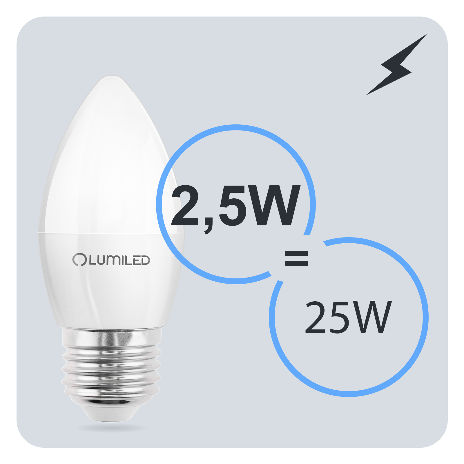 Żarówka LED E27 Świeczka B35 2,5W = 25W 249lm 6500K Zimna 180° LUMILED - trzecia cecha produktu