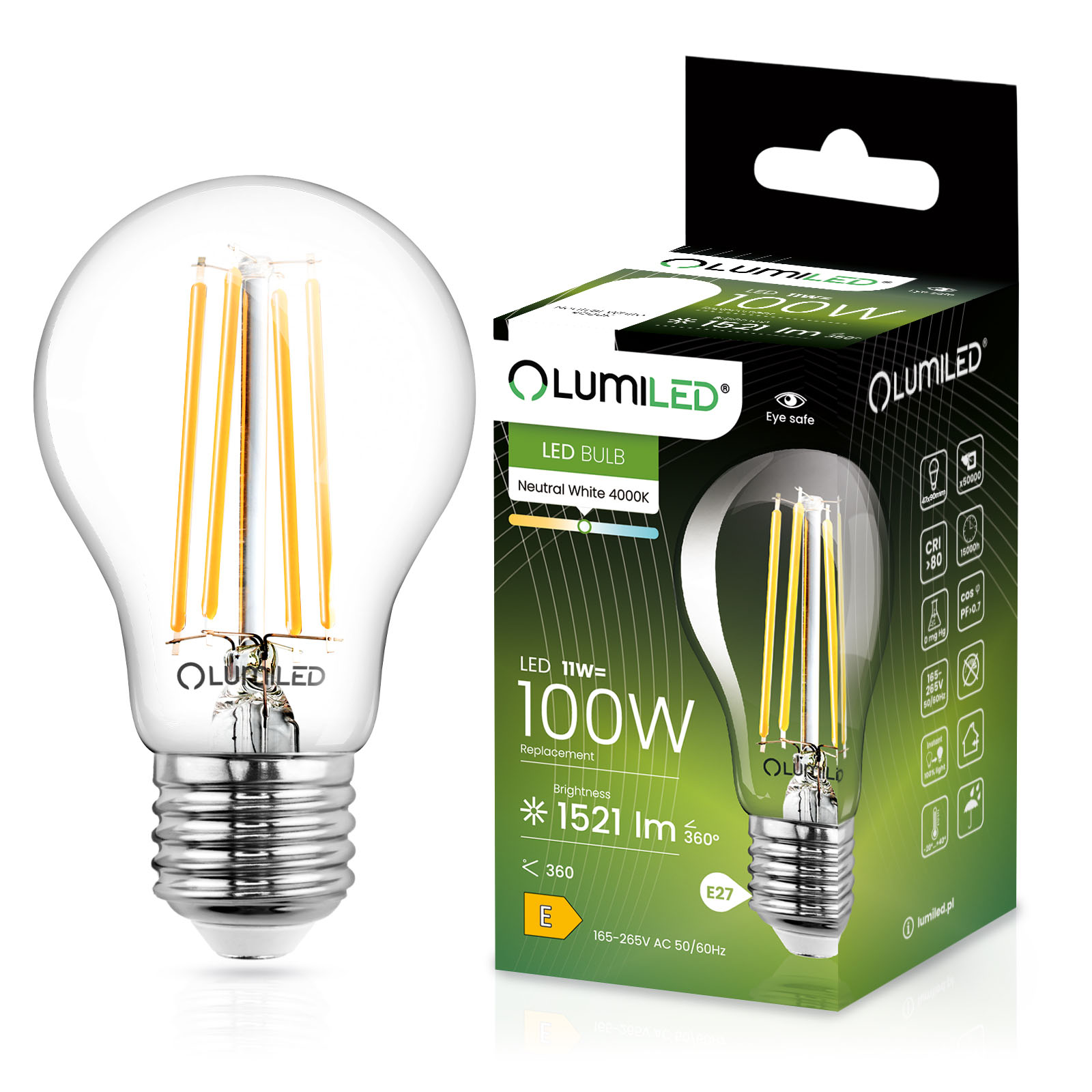 Żarówka LED E27 A60 11W = 100W 1521lm 4000K Neutralna 360° FILAMENT LUMILED - główne zdjęcie produktu