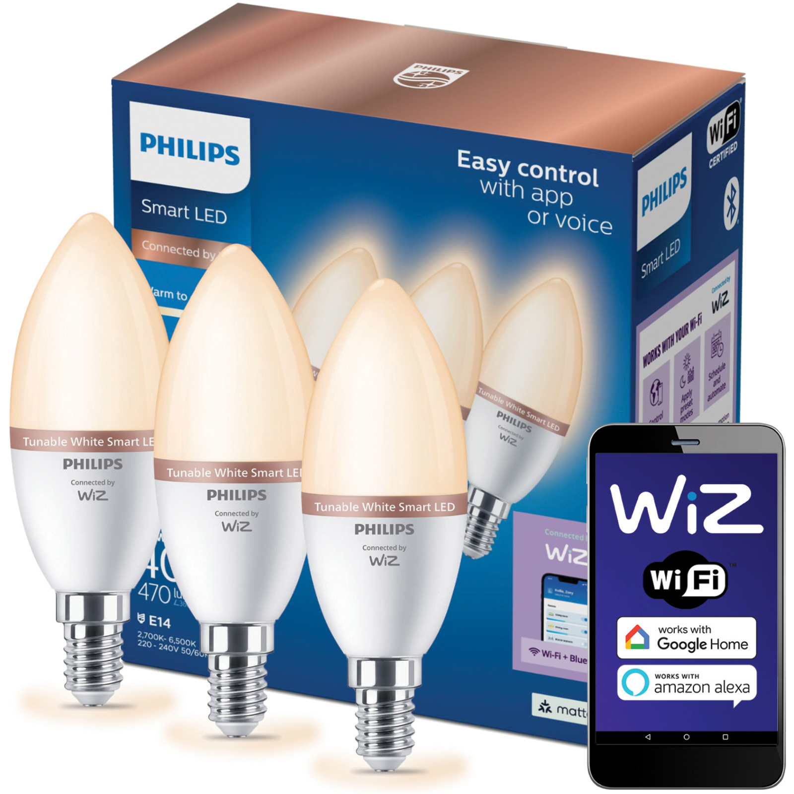 3x Żarówka LED E14 Świeczka C37 4.9W = 40W 470lm 2700-6500K TW Inteligentna SMART WiFi Bluetooth Aplikacja WiZ Philips - główne zdjęcie produktu