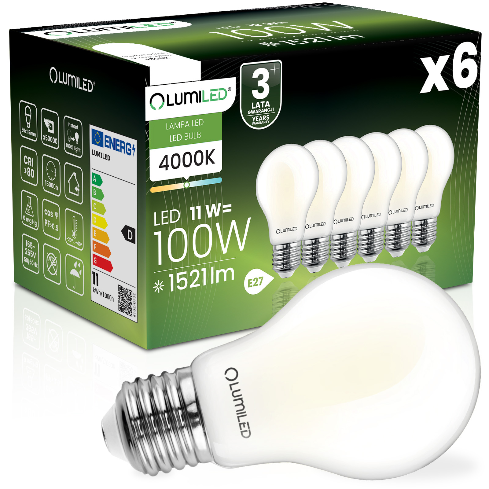 6x Żarówka LED E27 A60 11W = 100W 1521lm 4000K Neutralna 360° FILAMENT LUMILED - główne zdjęcie produktu