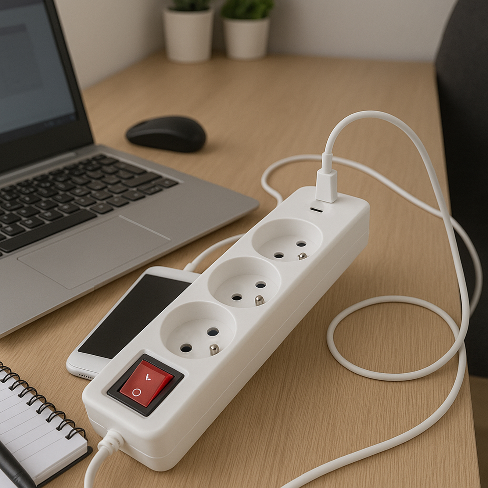 Przedłużacz Sieciowy Kabel z Uziemieniem Listwa Zasilająca 3 Gniazda 1.5m Włącznik ON/OFF Biały USB + USB-C Sznur ELGER Lumiled - aranżacja