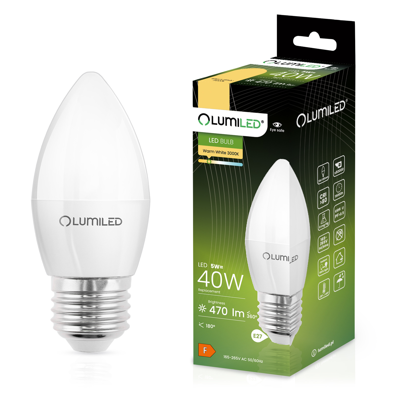 Żarówka LED E27 Świeczka B35 5W = 40W 470lm 3000K Ciepła 180° LUMILED - główne zdjęcie produktu