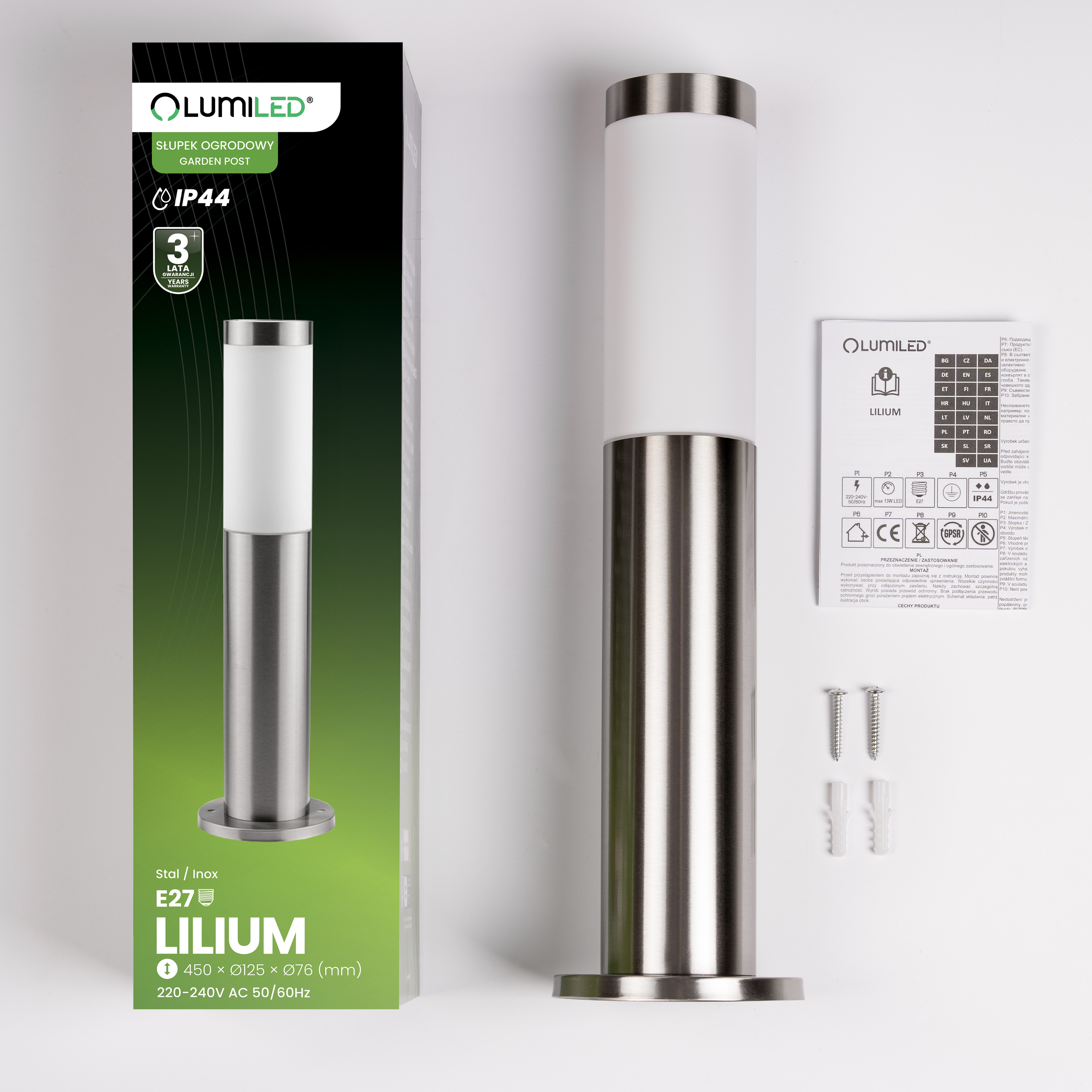 Lampa Ogrodowa Zewnętrzna E27 INOX SŁUPEK 45cm Lilium LUMILED - skład produktu