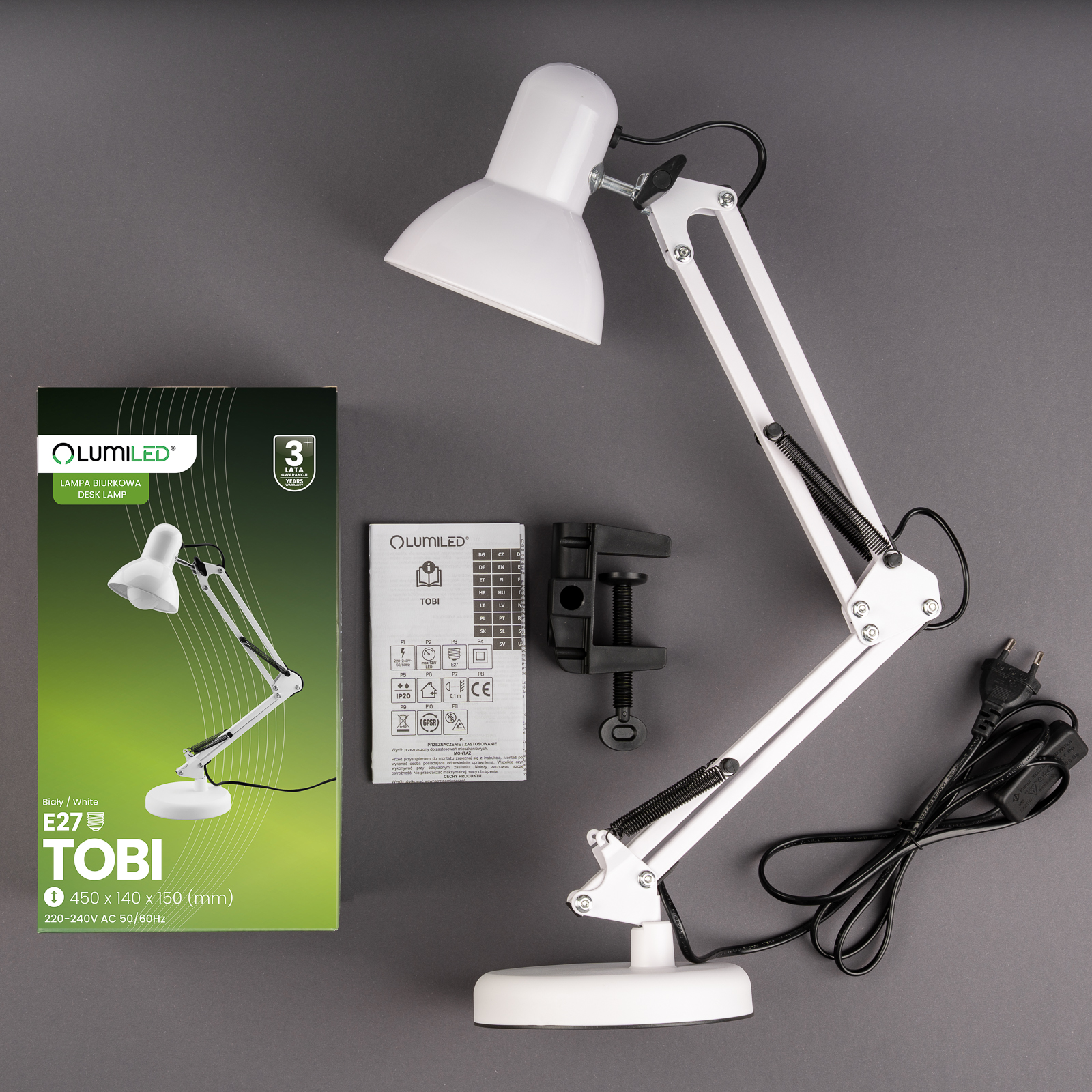 Lampka Biurkowa Kreślarska Stołowa E27 TOBI Biała Lumiled + uchwyt na blat - skład produktu