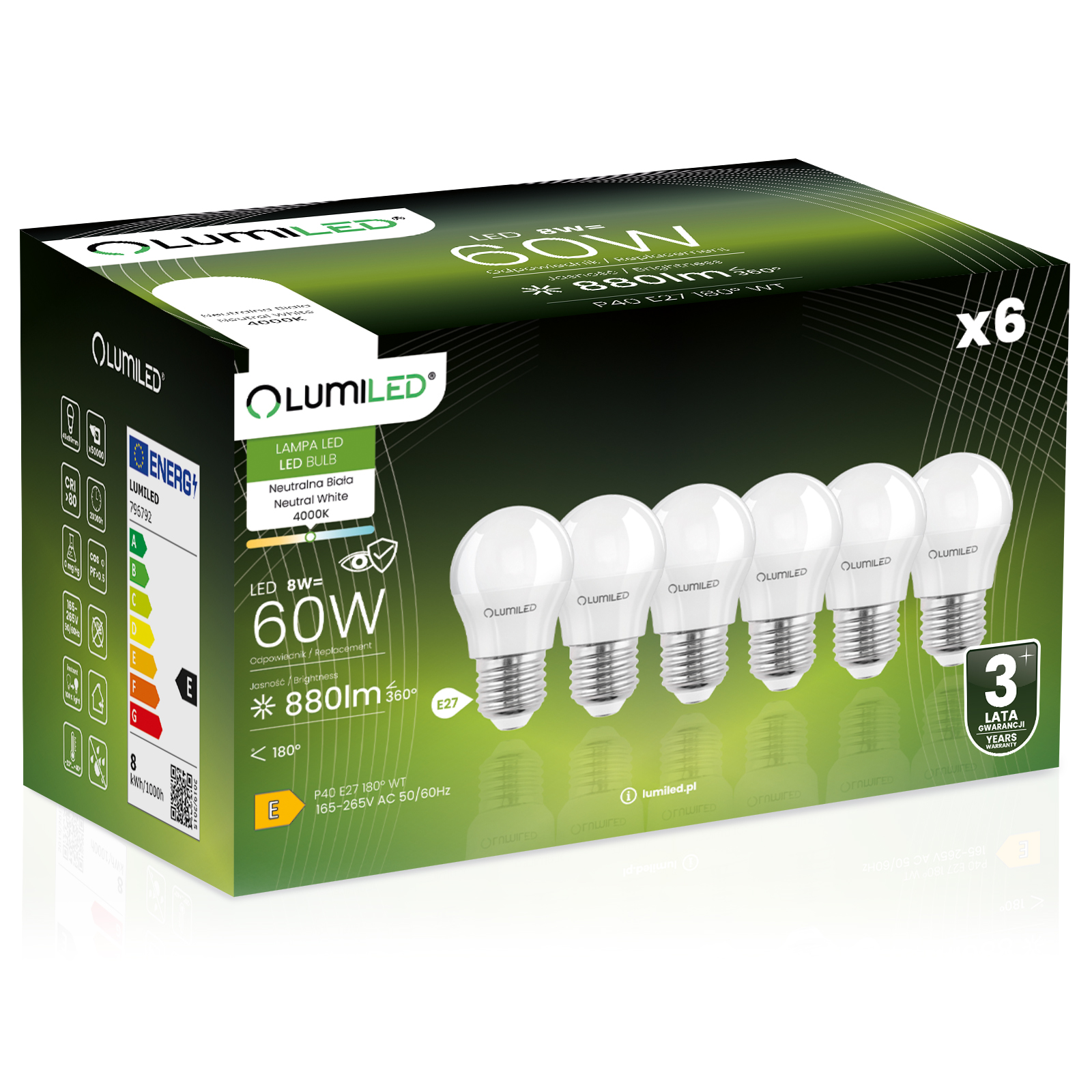 6x Żarówka LED E27 Kulka P45 8W = 60W 880lm 4000K Neutralna 180° LUMILED - główne zdjęcie produktu