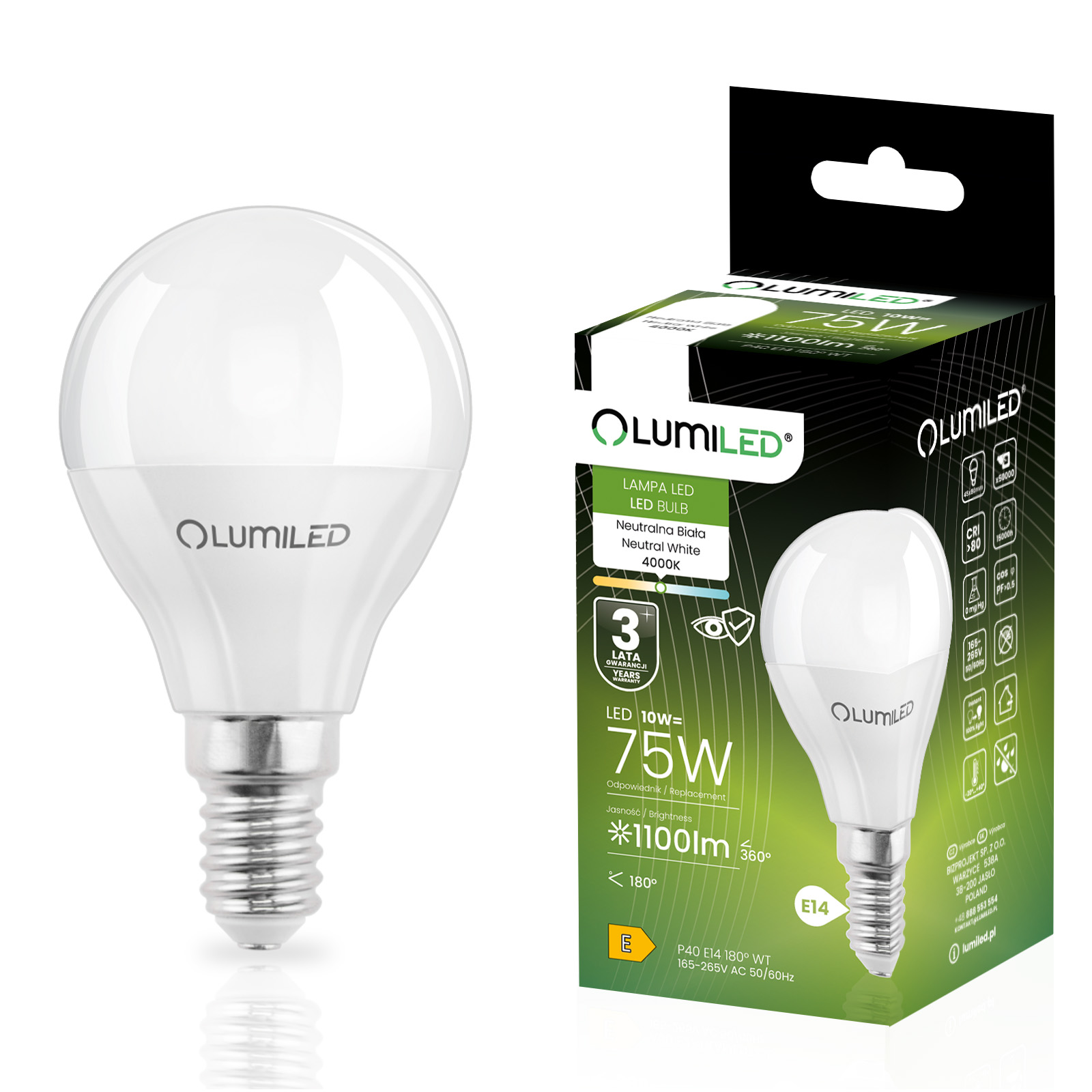 Żarówka LED E14 Kulka P45 10W = 75W 1100lm 4000K Neutralna 180° LUMILED - główne zdjęcie produktu