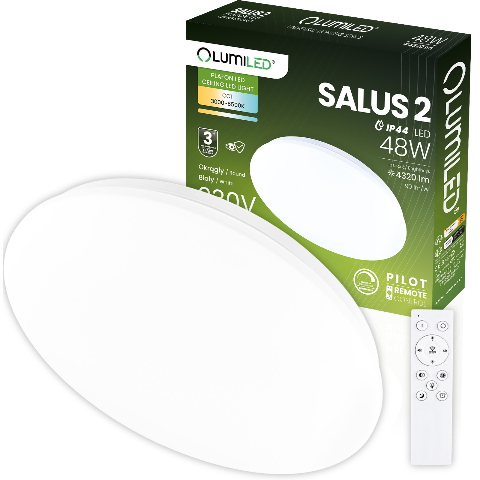 Plafon LED Lampa Sufitowa Natynkowa SALUS2 48W IP44 CCT Biały Okrągły 40cm + PILOT LUMILED - główne zdjęcie produktu