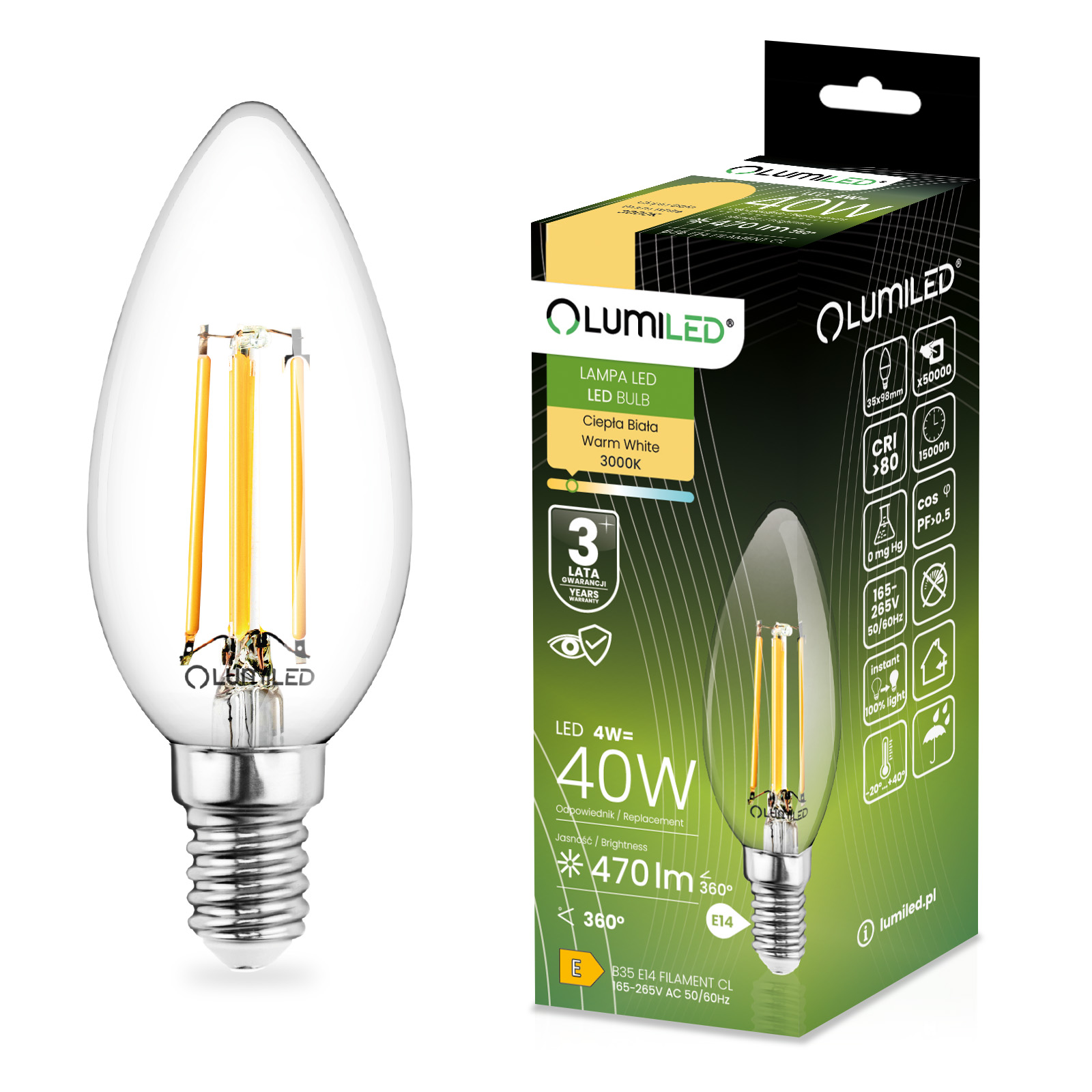 Żarówka LED E14 Świeczka B35 4W = 40W 470lm 3000K Ciepła 360° FILAMENT LUMILED - główne zdjęcie produktu