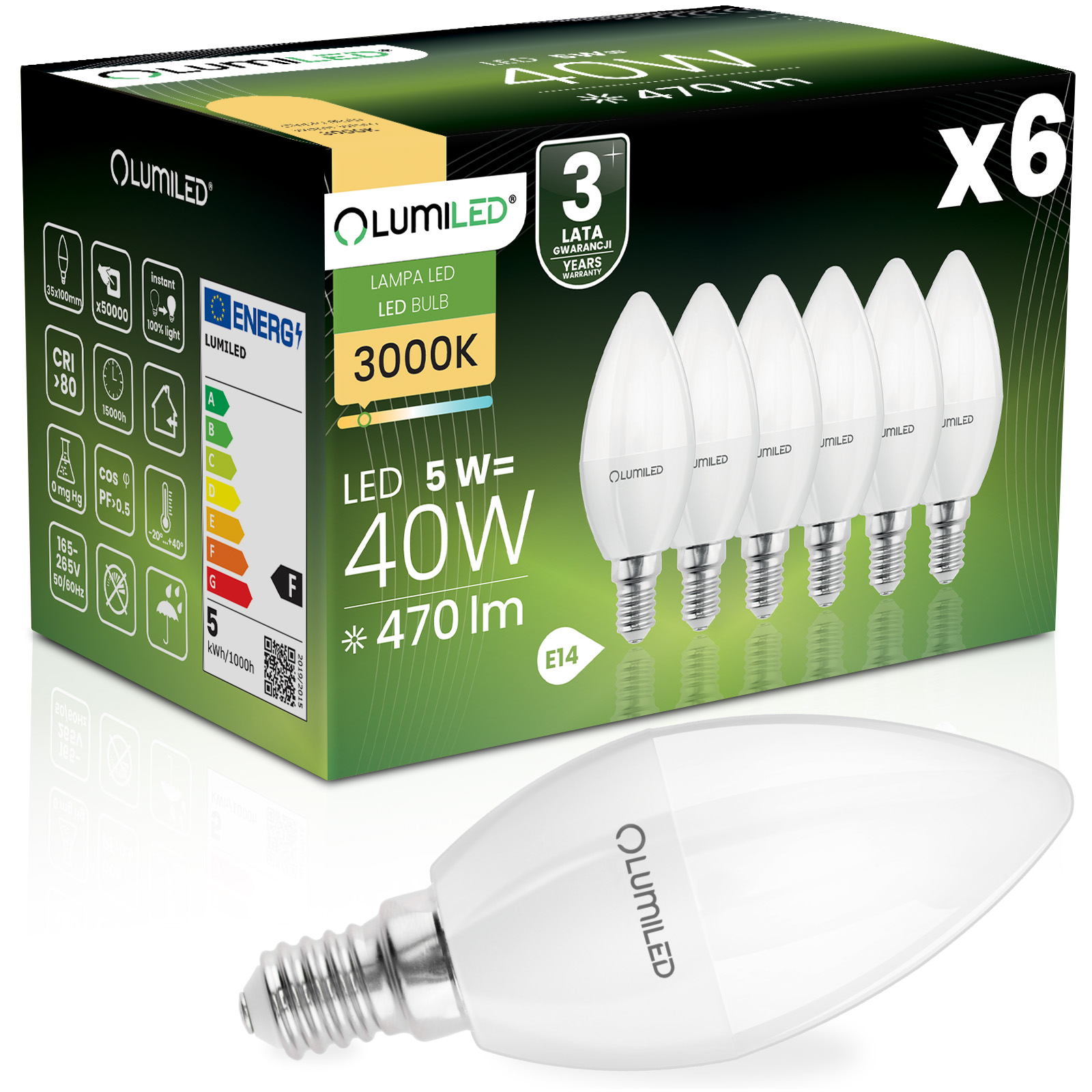 6x Żarówka LED E14 Świeczka B35 5W = 40W 470lm 3000K Ciepła 180° LUMILED - główne zdjęcie produktu