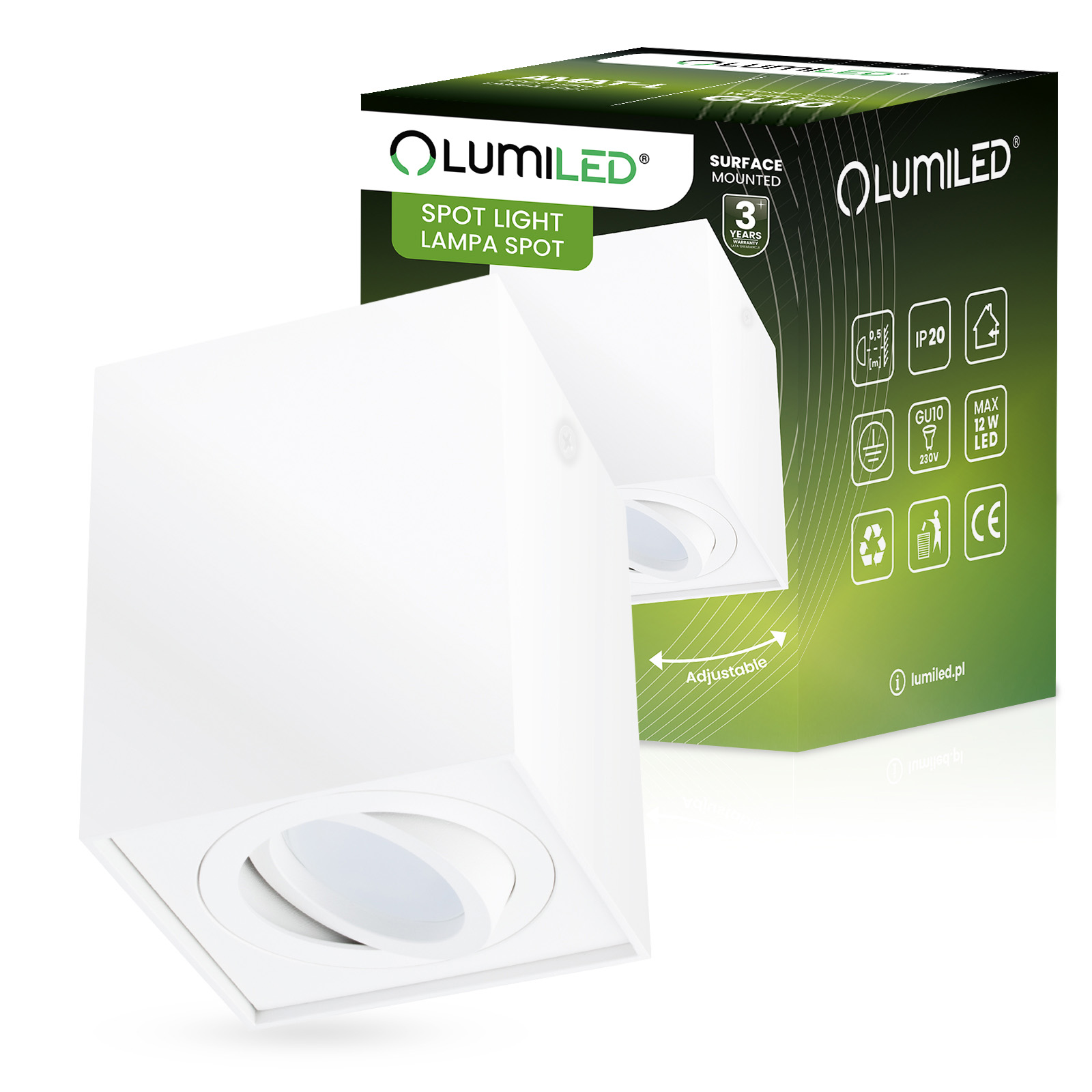 Oprawa Natynkowa HALOGENOWA Spot Tuba Ruchoma GU10 Kwadratowa Biała 115mm AMAT-L LUMILED - główne zdjęcie produktu