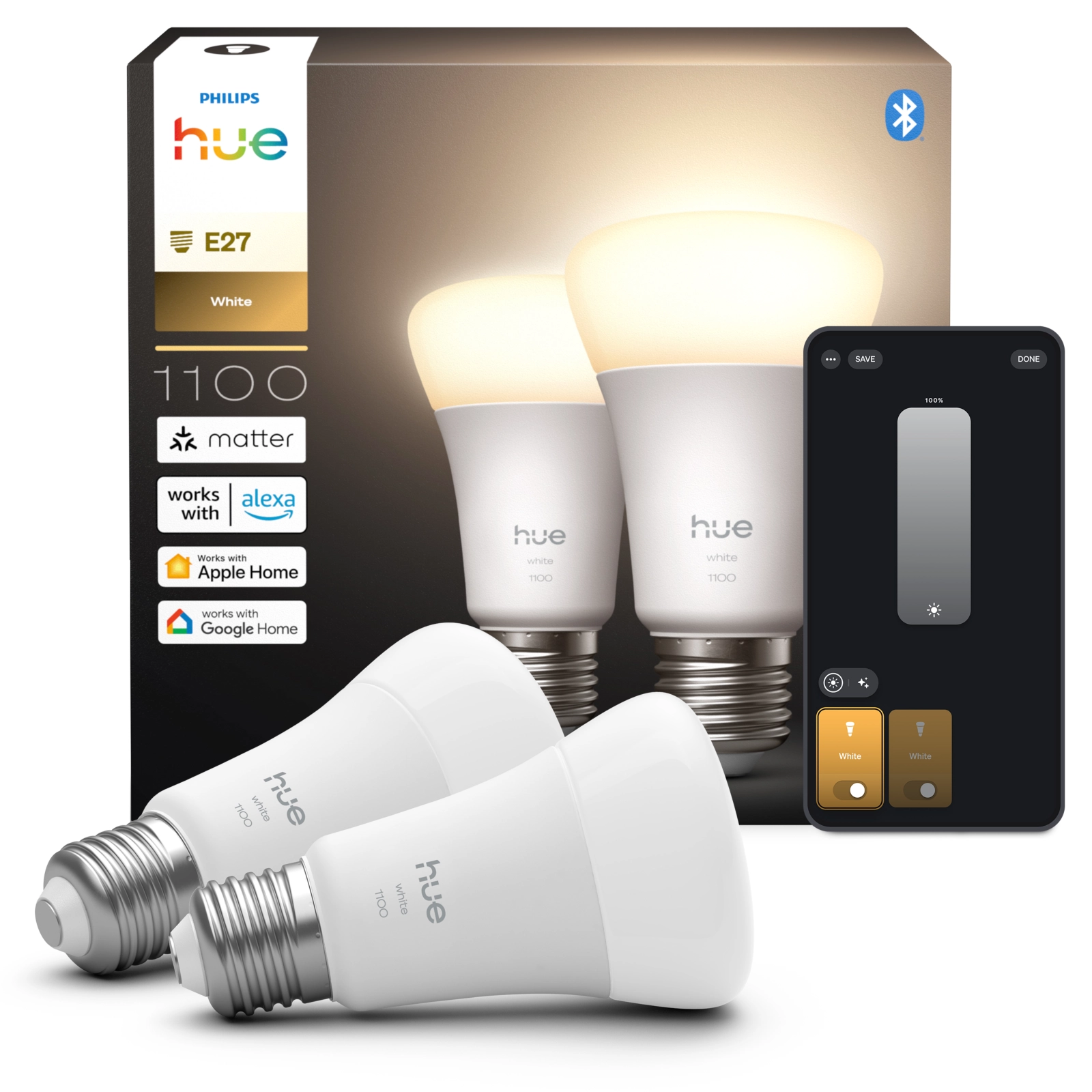 2x Żarówka LED E27 A60 9.5W = 75W 1100lm 2700K Biała Ciepła SMART Inteligentna Bluetooth ZigBee White Philips HUE - główne zdjęcie produktu