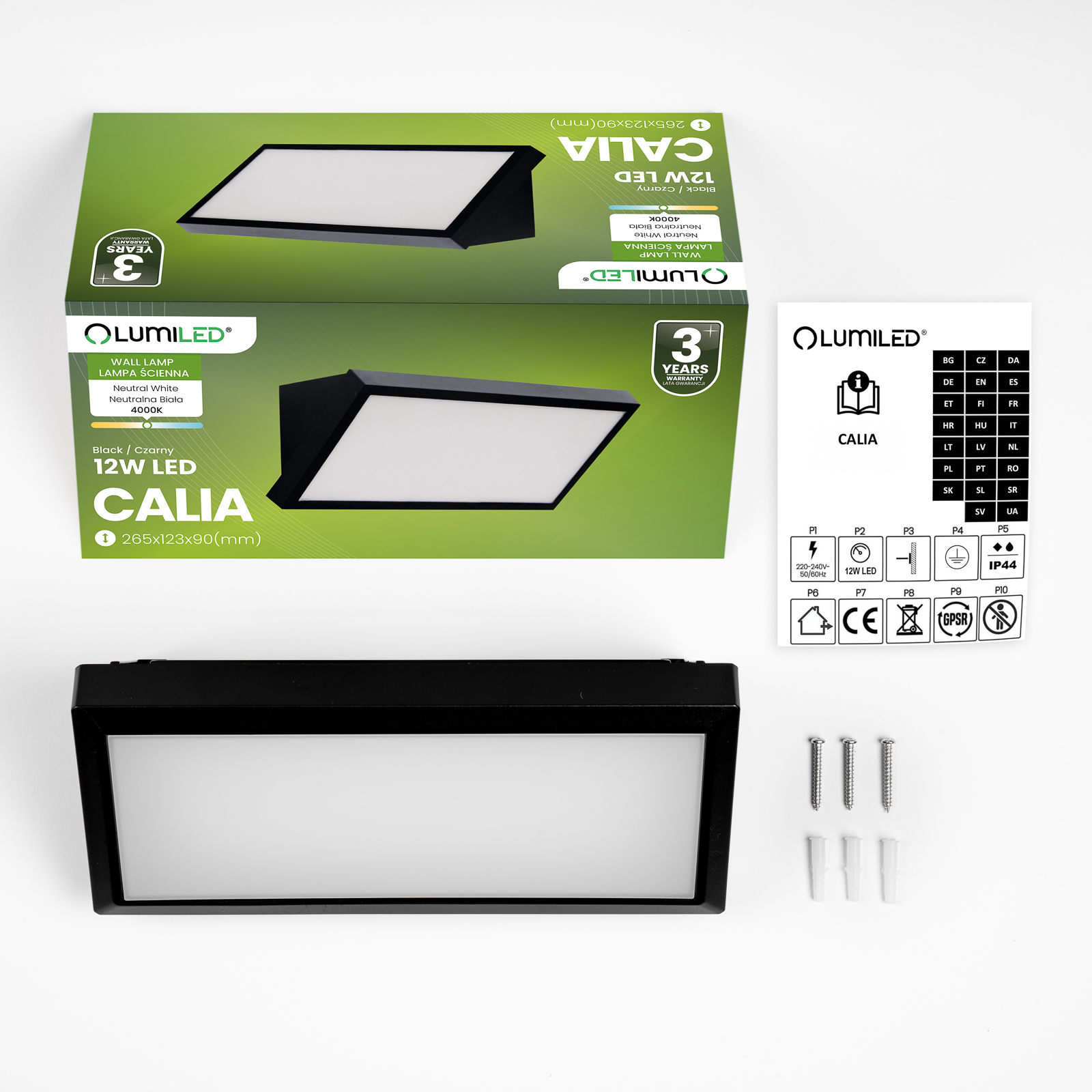 Lampa Ogrodowa Zewnętrzna Kinkiet Elewacyjny 12W LED IP44 CALIA LUMILED - skład produktu