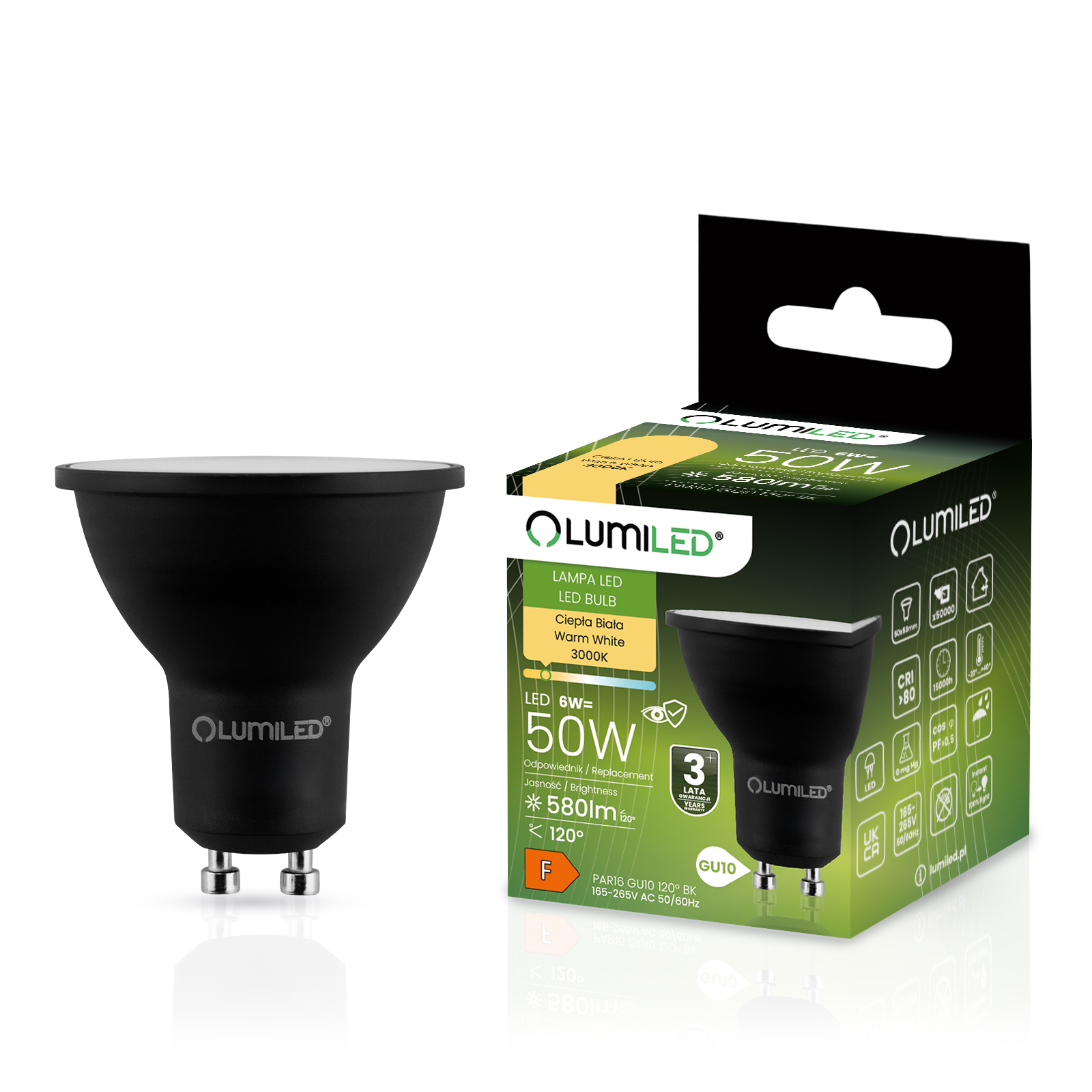 Żarówka LED GU10 Reflektor PAR16 6W = 50W 580lm 3000K Ciepła 120° Czarna LUMILED - główne zdjęcie produktu