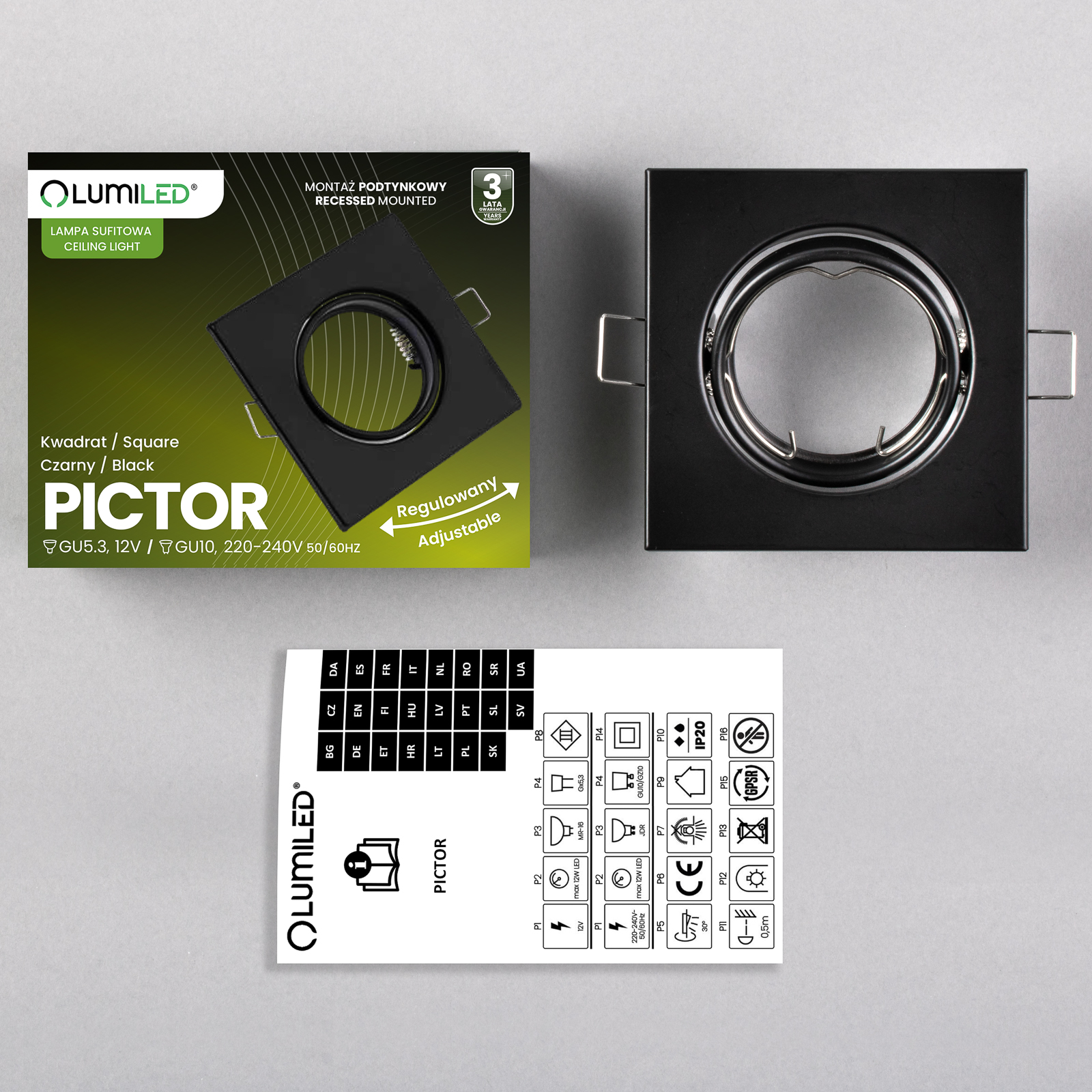 Oprawa HALOGENOWA Podtynkowa Ruchoma Kwadrat PICTOR Czarna Blacha MR16 GU10 - skład produktu