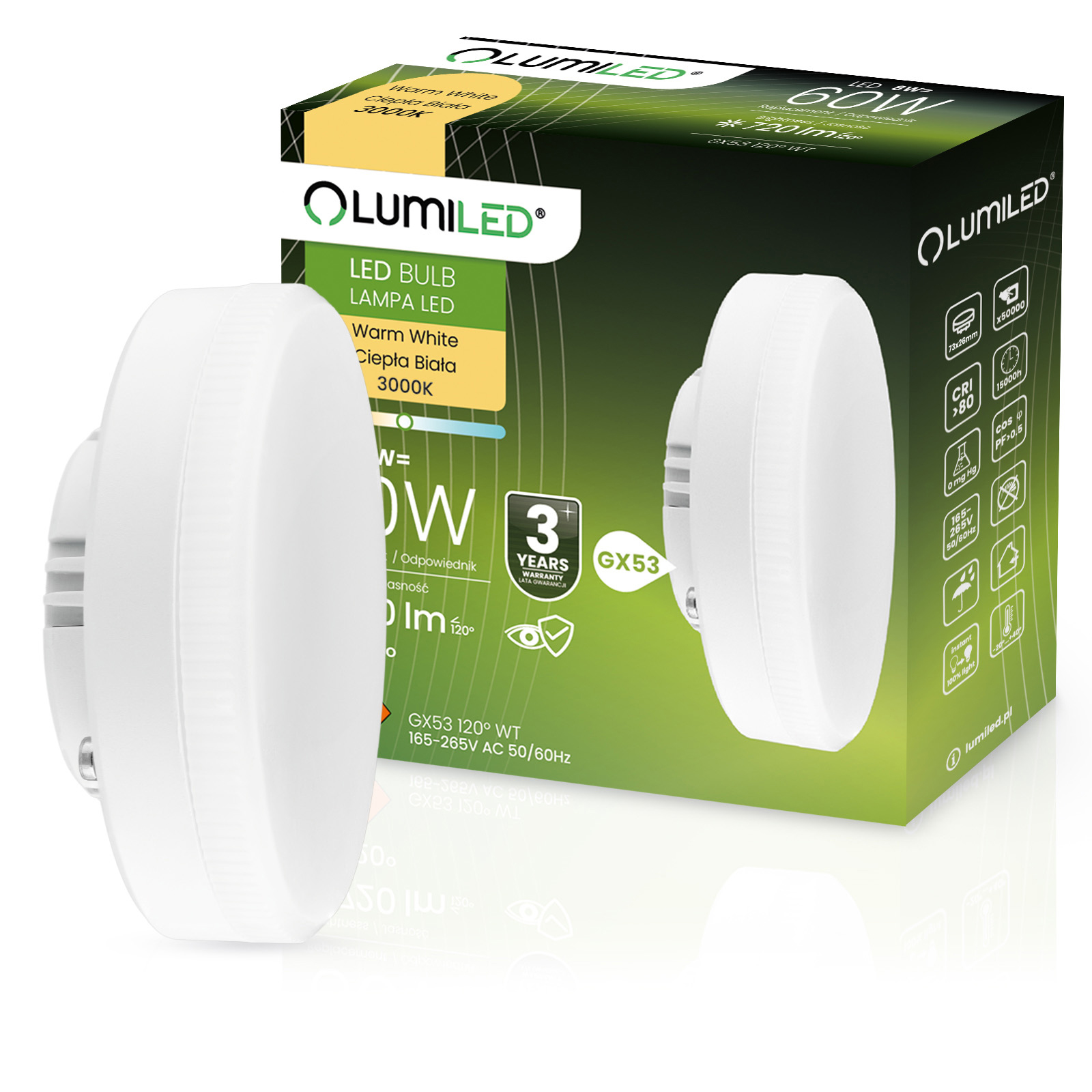 Żarówka LED GX53 Reflektor 8W = 60W 720lm 3000K Ciepła 120° LUMILED - główne zdjęcie produktu