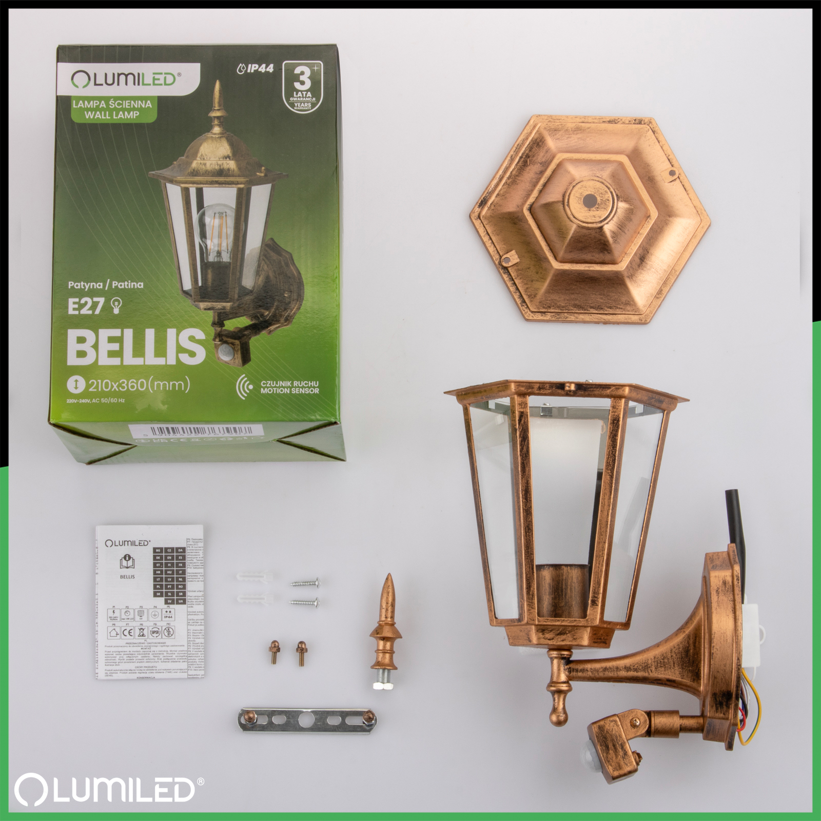 Lampa Ogrodowa Kinkiet Elewacyjny Zewnętrzny E27 LED Latarnia Czujnik Ruchu BELLIS LUMILED - skład produktu