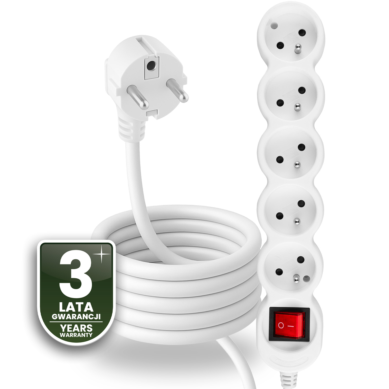Przedłużacz Sieciowy Kabel z Uziemieniem Listwa Zasilająca 5 Gniazda 3m Włącznik ON/OFF Biały Sznur Lendo Lumiled - czwarta cecha produktu