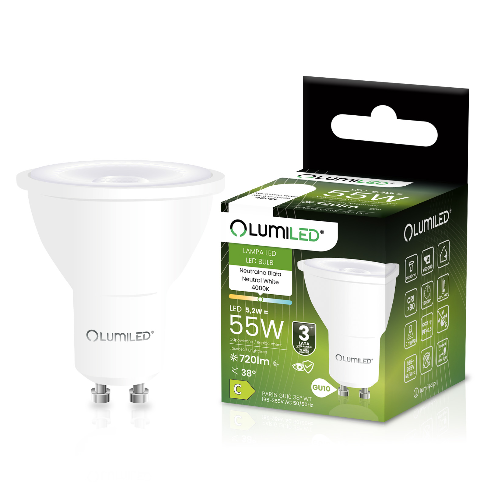 Żarówka LED GU10 Reflektor PAR16 5,2W = 55W 720LM 4000K Neutralna 38° LUMILED - główne zdjęcie produktu