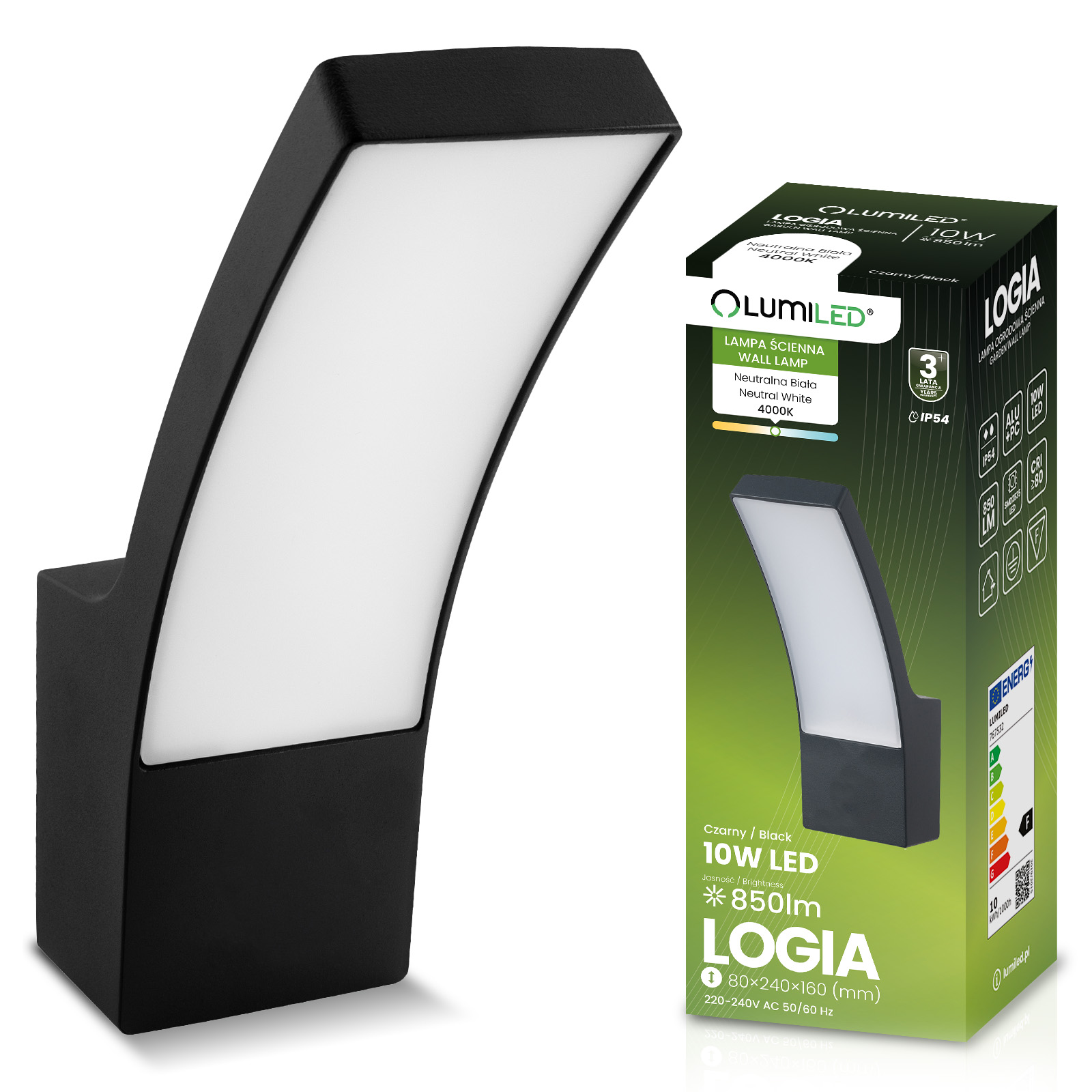Lampa Elewacyjna LED Zewnętrzna Ścienna Czarna Kinkiet Ogrodowy 10W 4000K IP54 LOGIA LUMILED - główne zdjęcie produktu