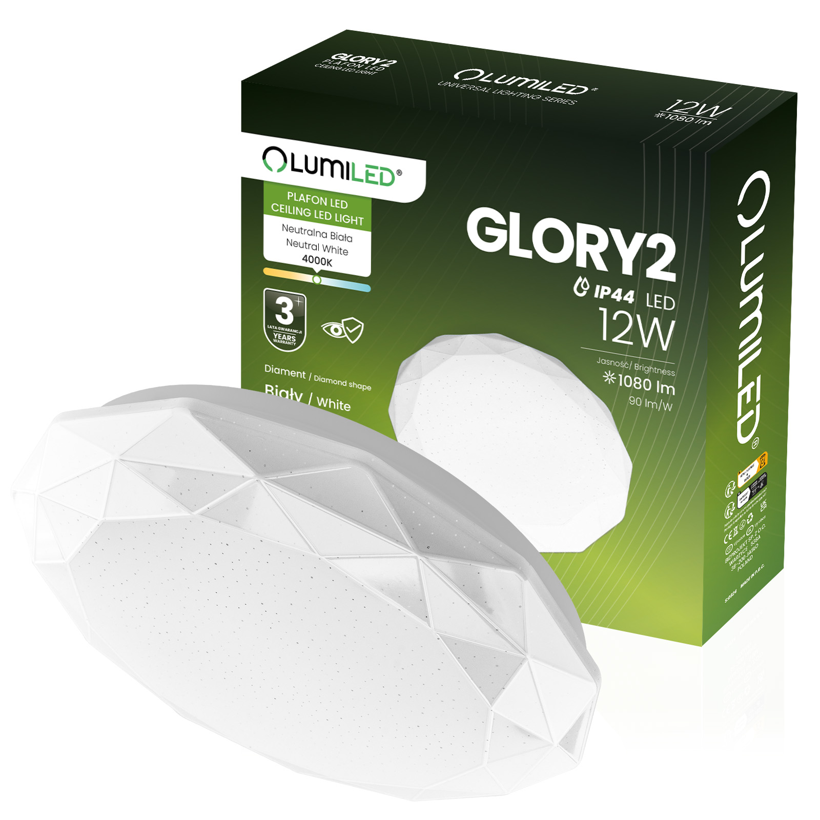 Plafon LED Lampa Sufitowa Natynkowa 12W IP44 Okrągły GLORY 2 DIAMENT 26cm LUMILED - główne zdjęcie produktu