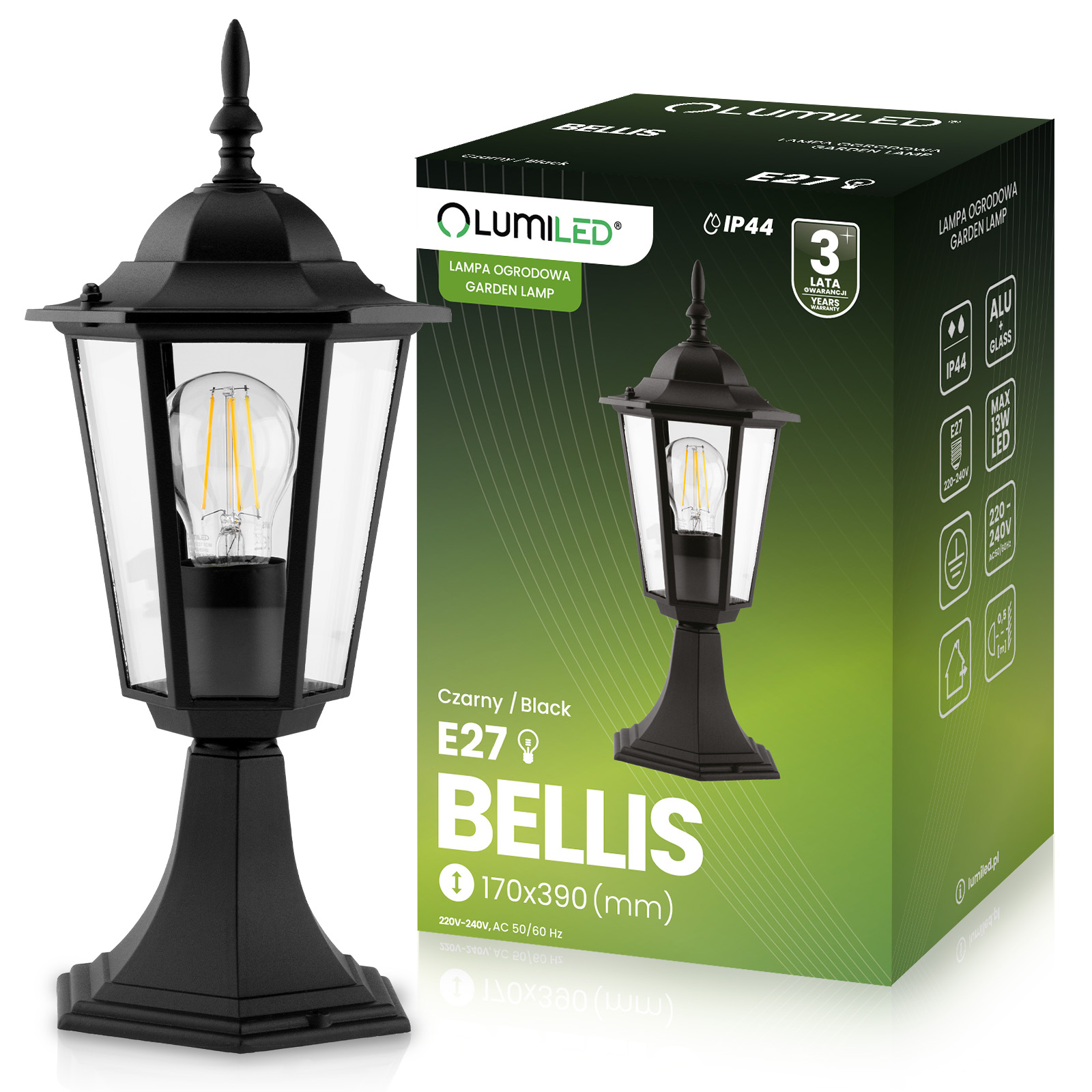 Lampa Ogrodowa Zewnętrzna E27 SŁUPEK LATARNIA 39cm Czarna BELLIS LUMILED - główne zdjęcie produktu