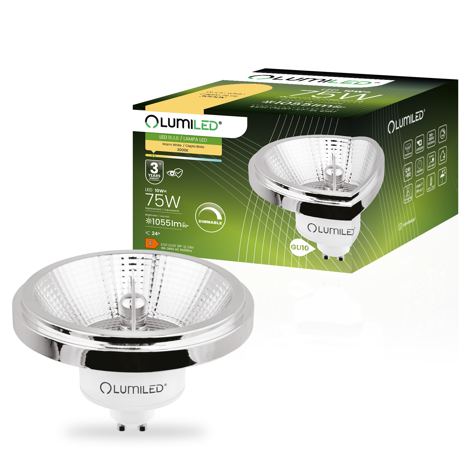 Żarówka LED GU10 Reflektor ES111 10W = 75W 1055lm 3000K Ciepła 24° Ściemnialna Srebrna LUMILED - główne zdjęcie produktu