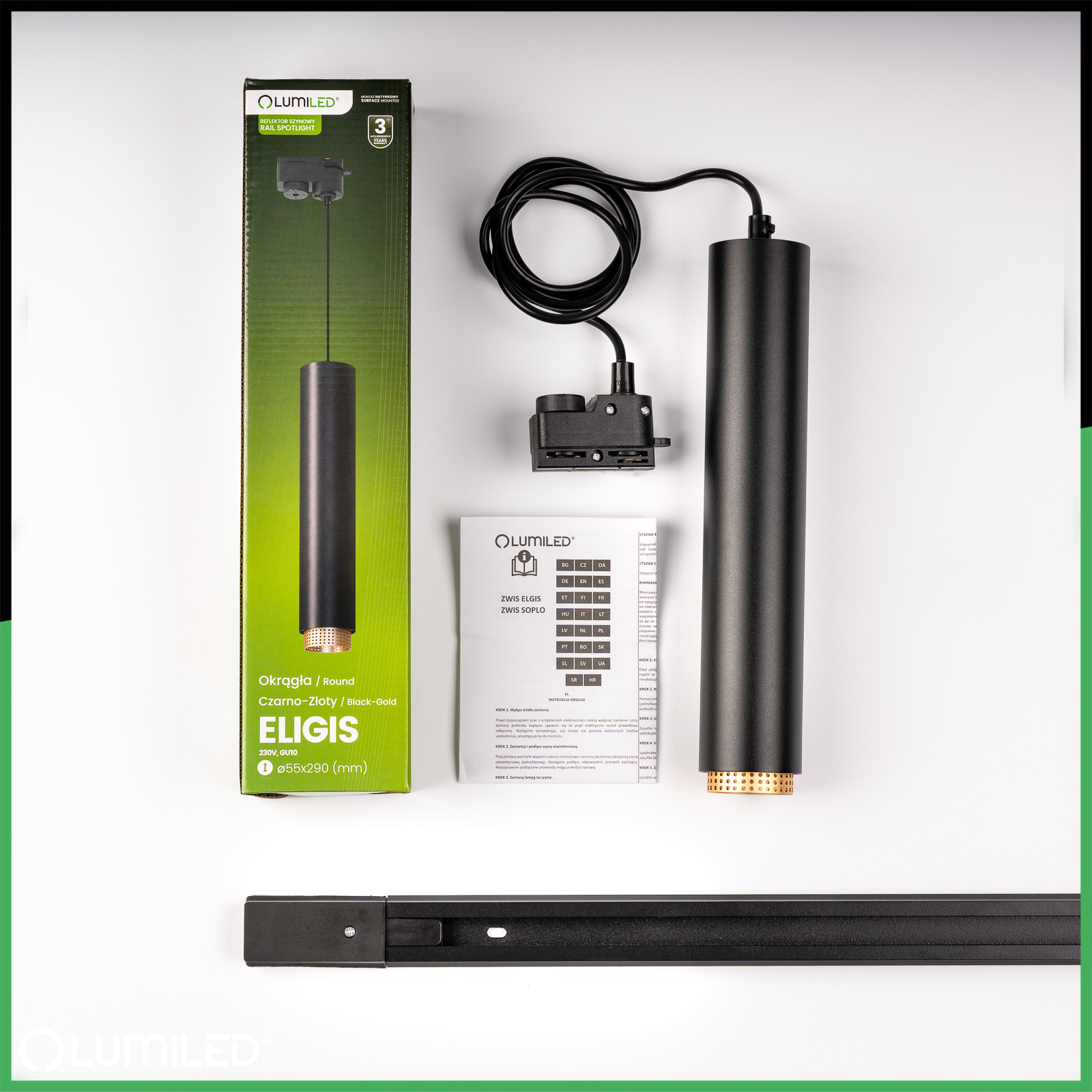 ZESTAW Szynoprzewód Listwa Szyna 1m + 3x Lampa Sufitowa Wisząca GU10 Oświetlenie Szynowe LUMILED - skład produktu
