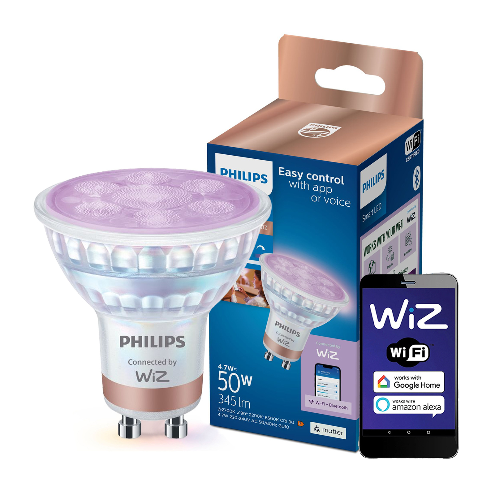 Żarówka LED GU10 Reflektor PAR16 4.7W = 50W 345lm 2200-6500K RGB + TW Inteligentna SMART WiFi Bluetooth Aplikacja WiZ Philips - główne zdjęcie produktu