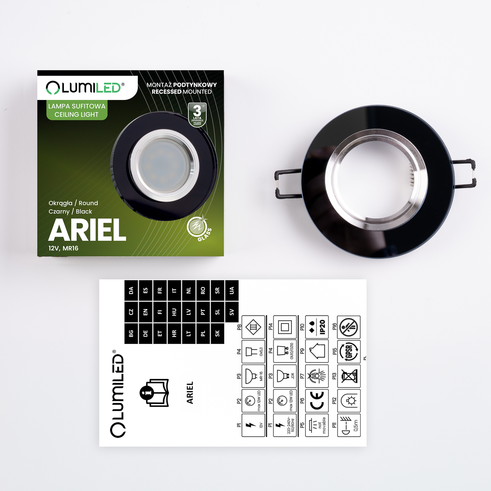 Oprawa halogenowa SZKLANA Sufitowa LED GU10 MR16 stała Okrągła Ariel czarna - skład produktu