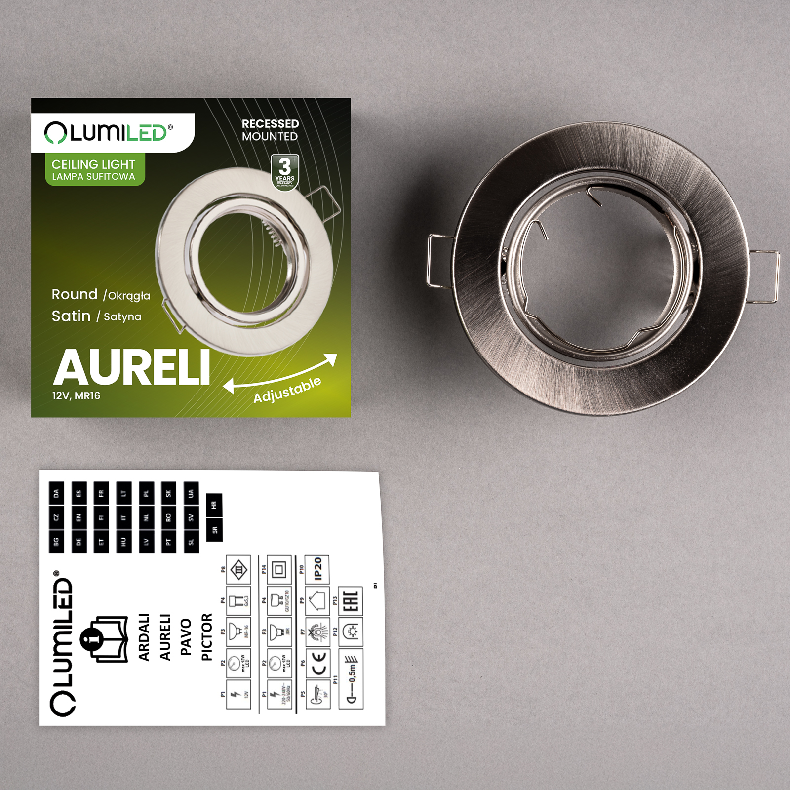 Oprawa HALOGENOWA Podtynkowa Ruchoma Okrągła AURELI Satyna Blacha MR16 GU10 - skład produktu