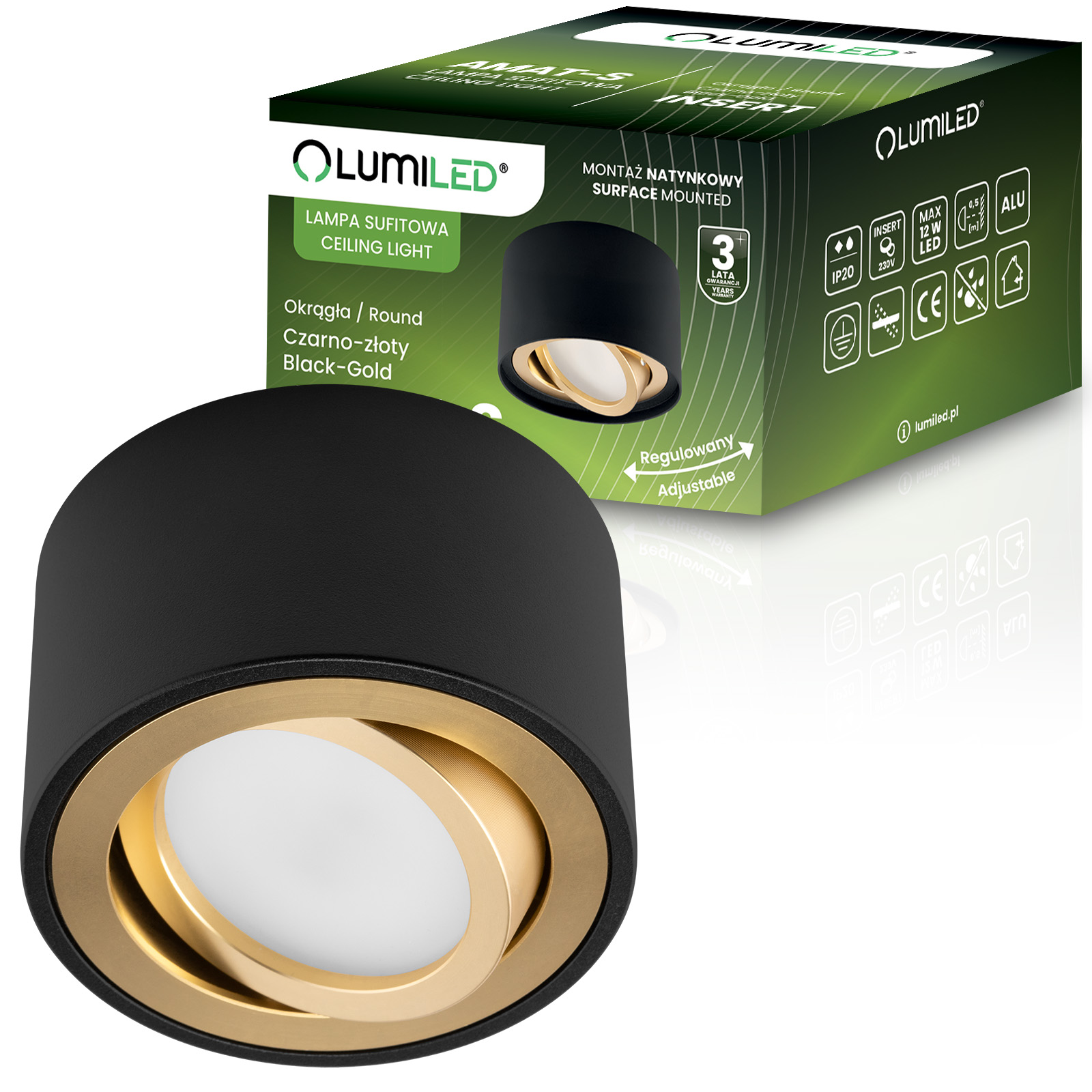 Oprawa Natynkowa HALOGENOWA Spot Tuba Ruchoma Okrągła Czarno-Złota 50mm AMAT-S LUMILED - główne zdjęcie produktu