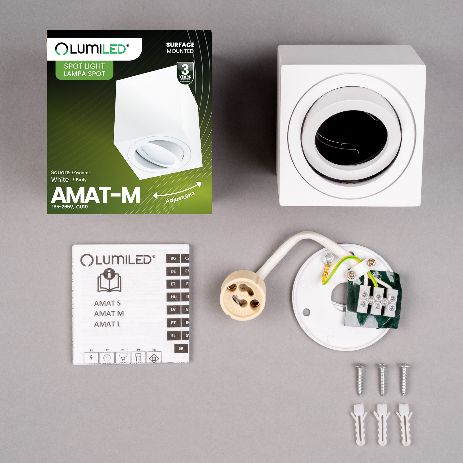 Oprawa Natynkowa HALOGENOWA Spot Tuba Ruchoma GU10 Kwadratowa Biała 84mm AMAT-M LUMILED - skład produktu